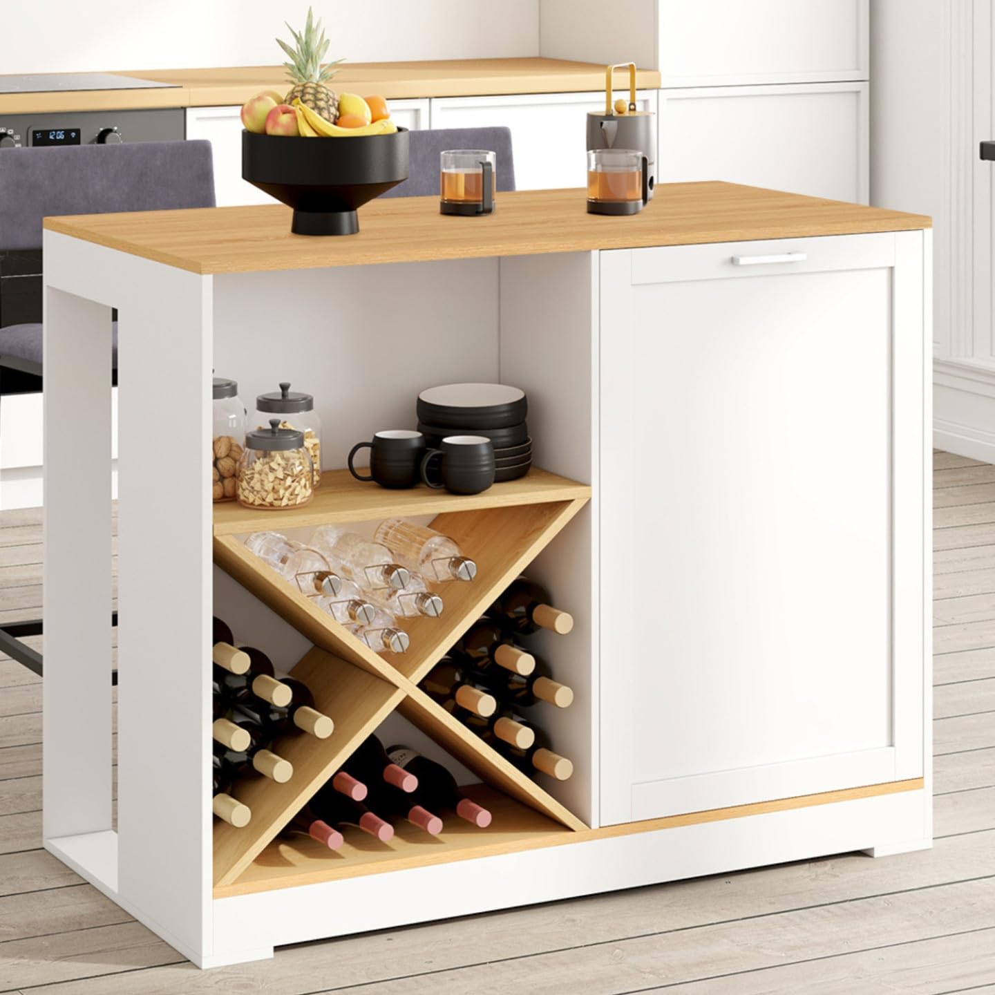 IDMarket - Isla de mesa Vito de 113 cm con estante para botellas de madera blanca y tablero en imitación de madera de haya