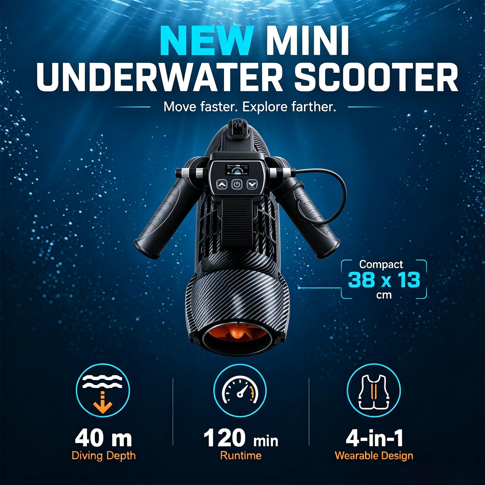 Scooter Submarino de 650W, Vehículo de Propulsión Subacuática para Buceo con 2 Baterías de 4400mAh y 2 Gafas de Natación, Profundidad Máxima de 40 m, Velocidad Máxima de 7 km/h, Empuje de 7,8 kg