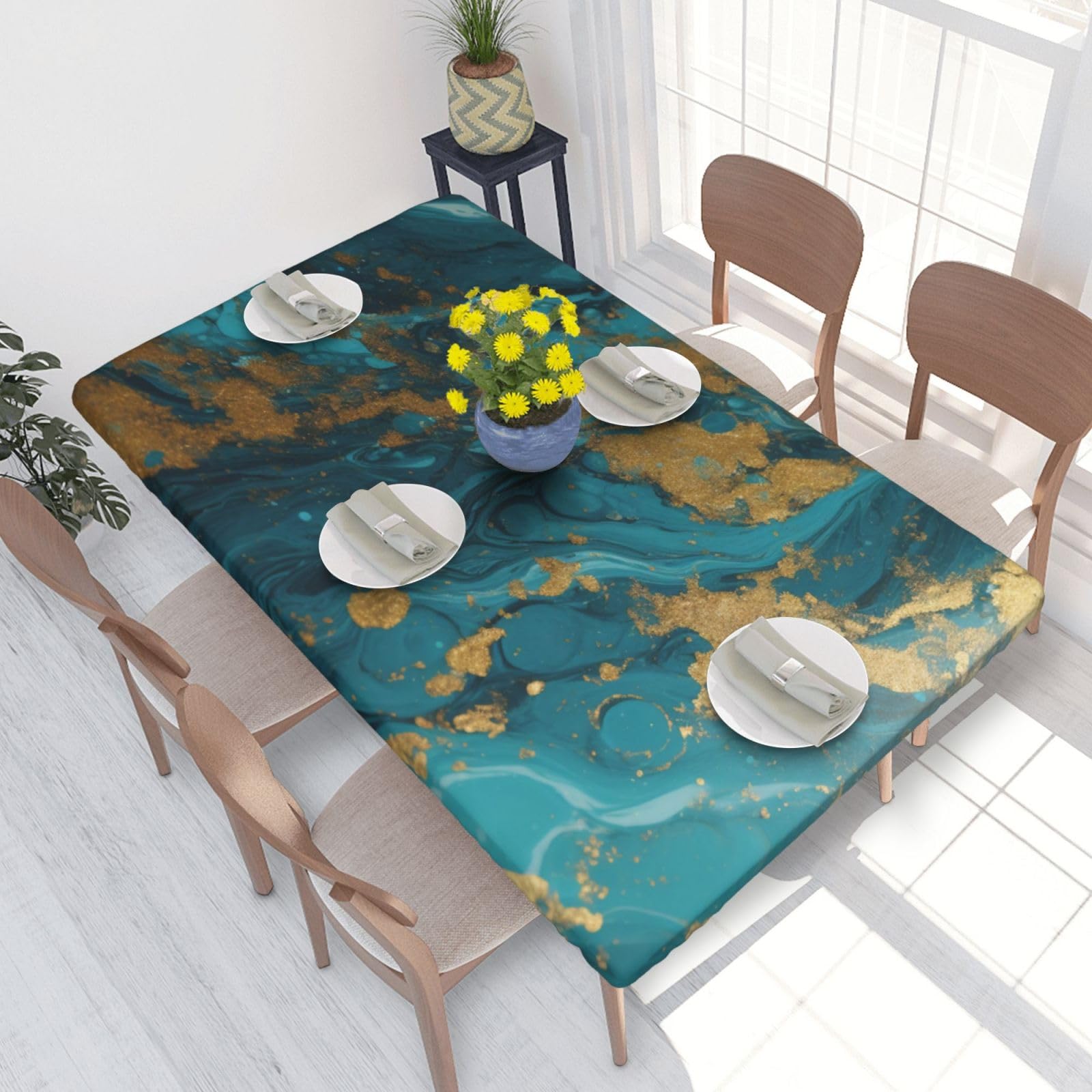 WPKJU Turquoise Blue Gold Marble Printed Tablecloths 4ft Rectangular Table Covers Washable Polyester Decorative Table Cloth for Dining Table Picnic Wedding