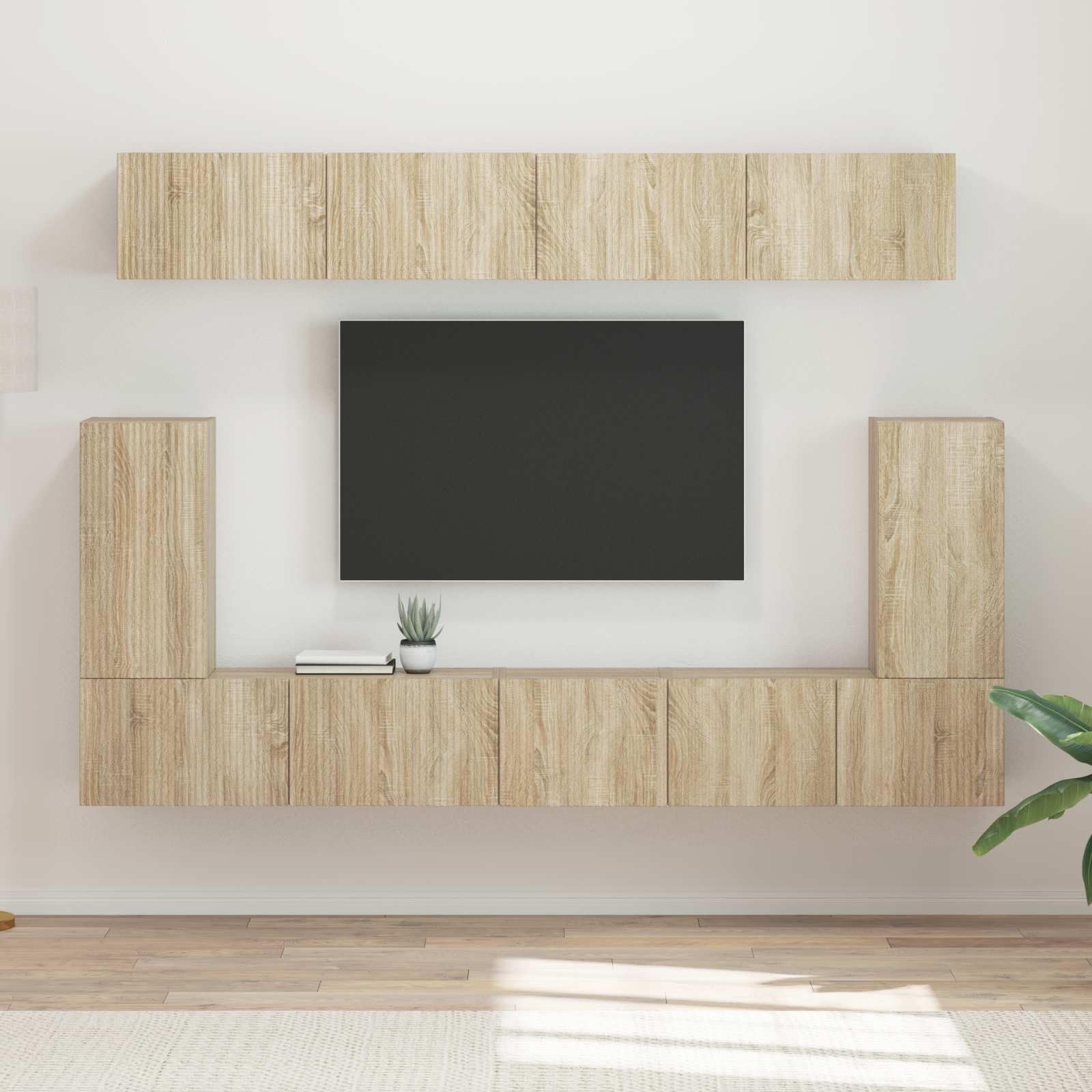 Zestaw szafek TV montowanych na ścianie, 5-częściowy, dąb sonoma, nowoczesne centrum rozrywki do salonu, 98 x 31 x 29,5 cm, oszczędność miejsca