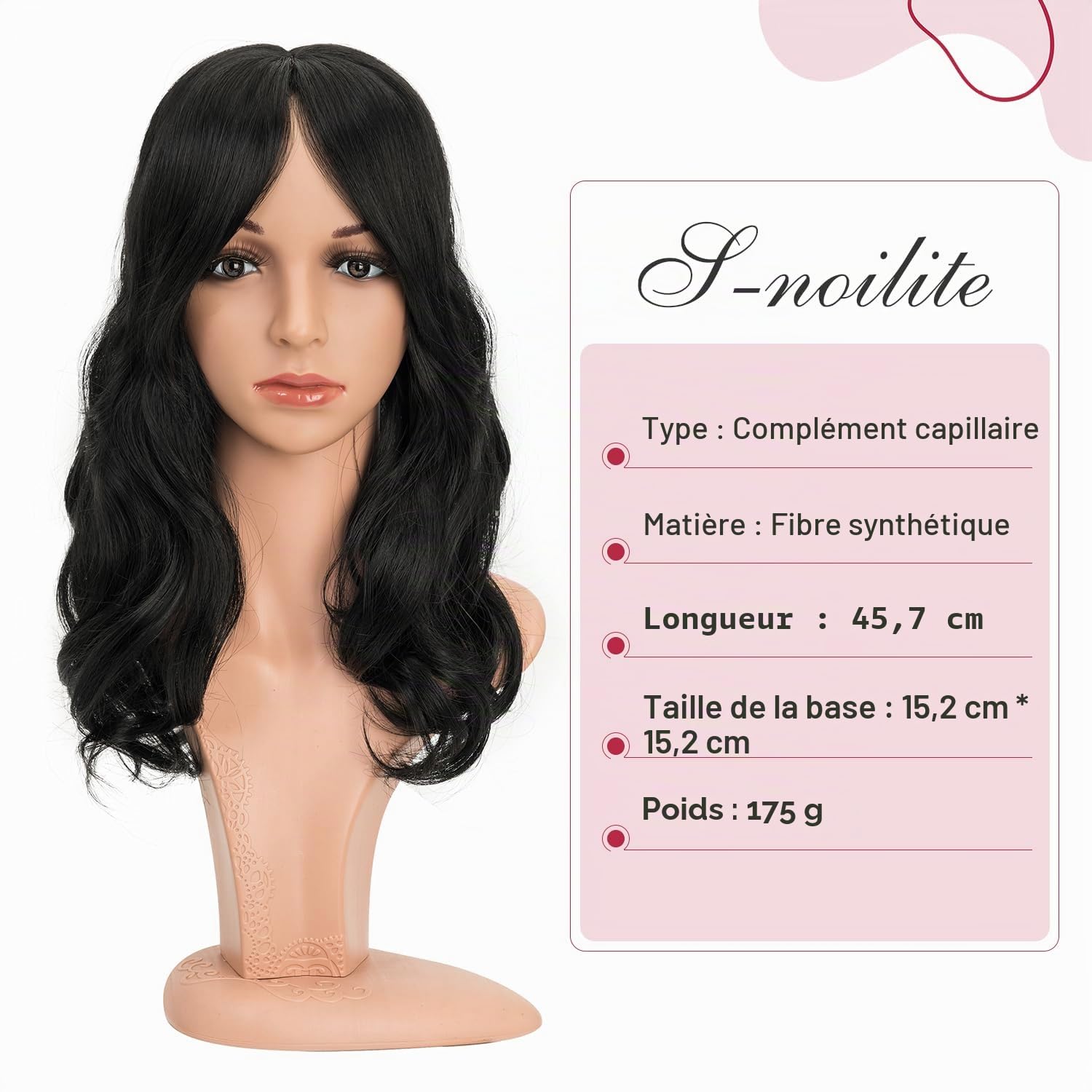 S-noilite Cheveux Synthétiques Topper Wiglet Hair Enhancer avec Frange Droite 4 Clips dans Extensions De Cheveux Fermeture De Cheveux Pièce Postiches, Bouclé Ondulé 45cm Noir foncé