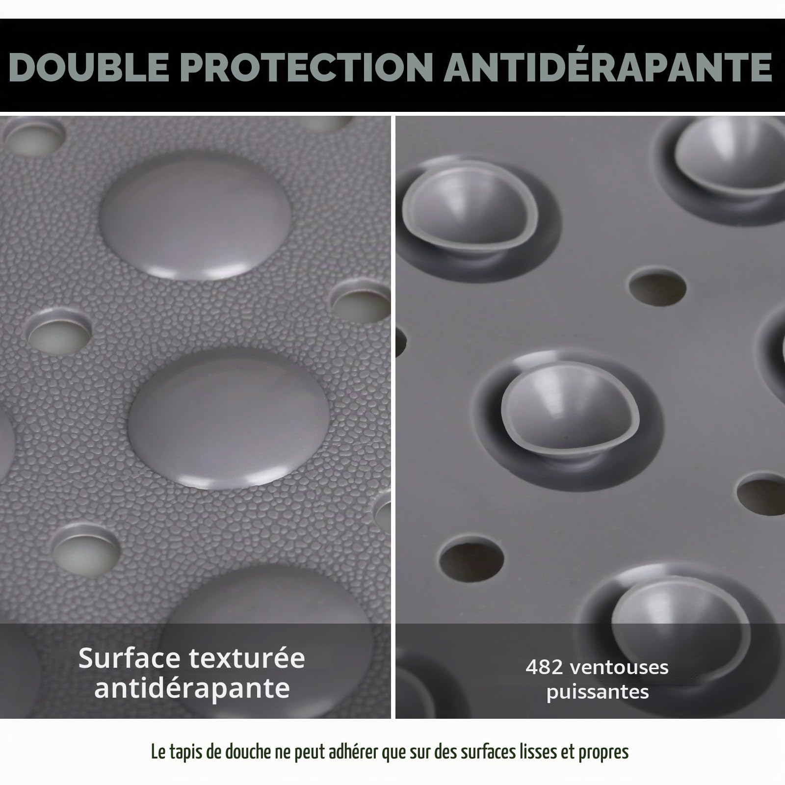 Grand tapis de douche antidérapant 80 x 120 cm : tapis de douche en TPE souple avec trous de drainage et ventouses – Tapis antidérapant de douche lavable en machine antibactérien et résistant