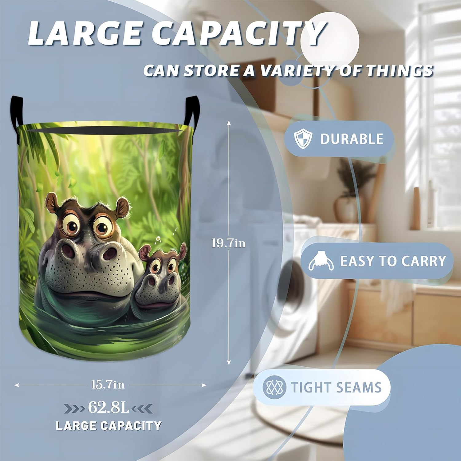 Funny Hippos in Green Jungle Water Laundry Basket with Handles, 19.7"x15.7" Clothes Foldable Laundry Hamper Organizer for Dorm Nursery Bedroom Bathroom Decor, Toy Storage Bin for Kids