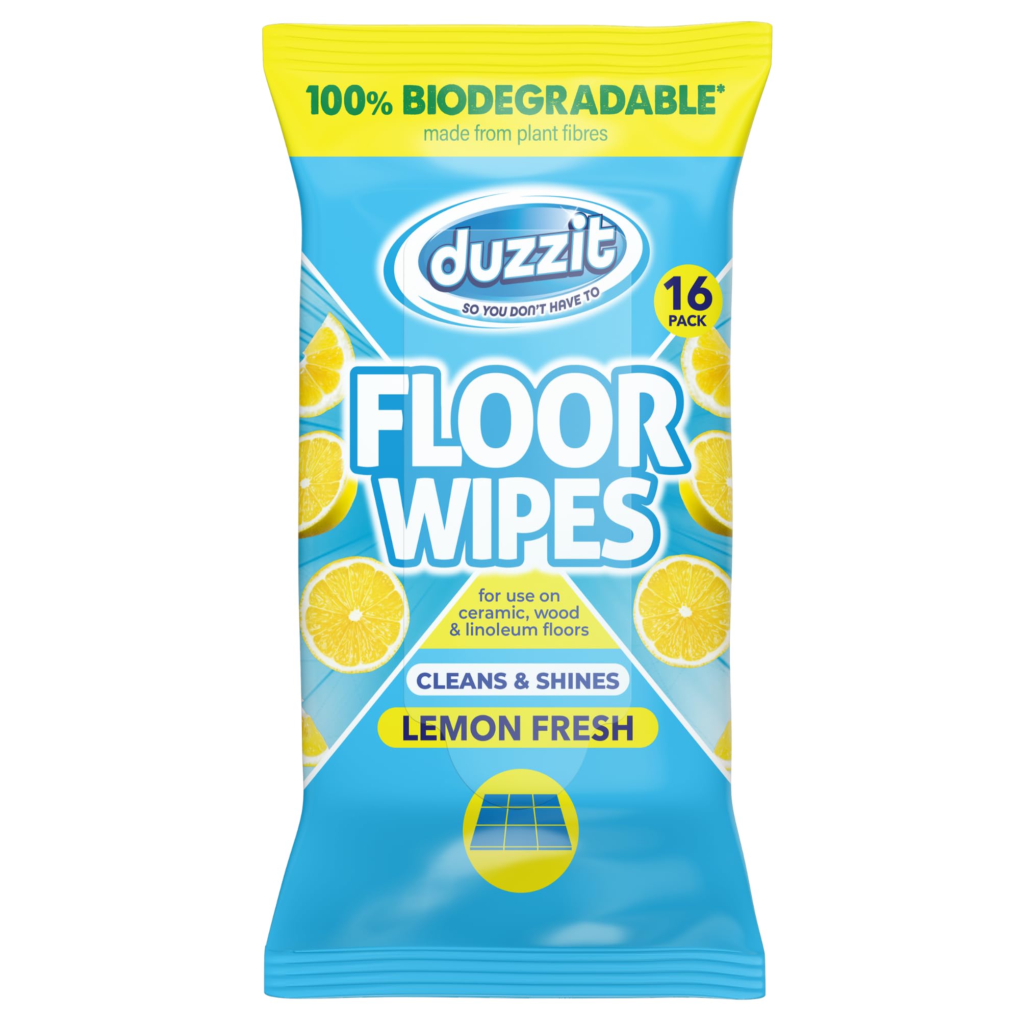 Duzzit Floor Wipes - Cleans & Shines | 100% Biodegradable - Made From Plant Fibres | For Ceramic, Wood and Linoleum Floors (16 Biodegradable Wipes, Lemon)