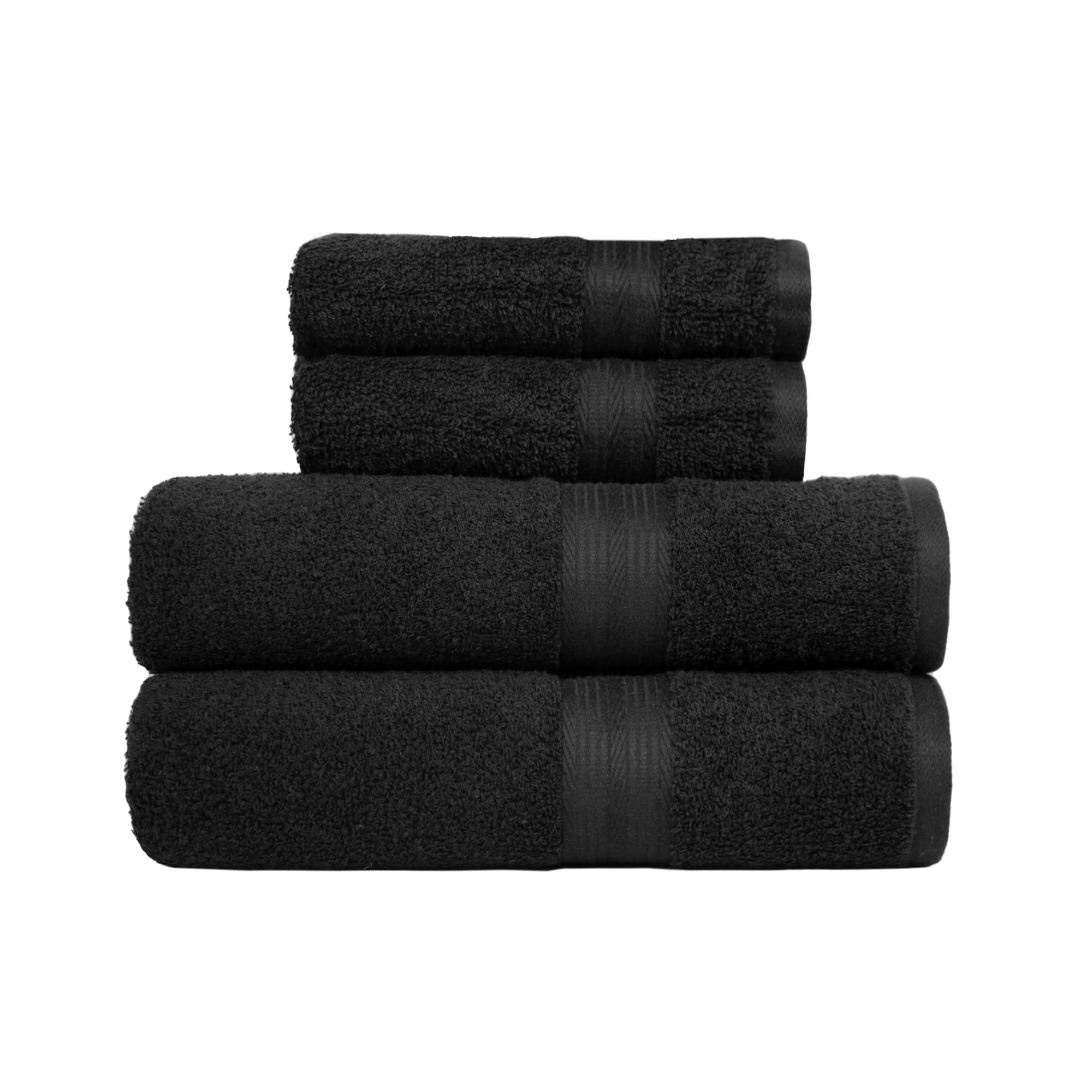 Amazon Basics 4 Piece Fade resistant bath towel set for bathroom, 100% Cotton soft and absorbent, 2 Bath + 2 Hand Towels, BlackOEKO-TEX MADE IN GREENOEKO-TEX MADE IN GREENOEKO-TEX MADE IN GREEN