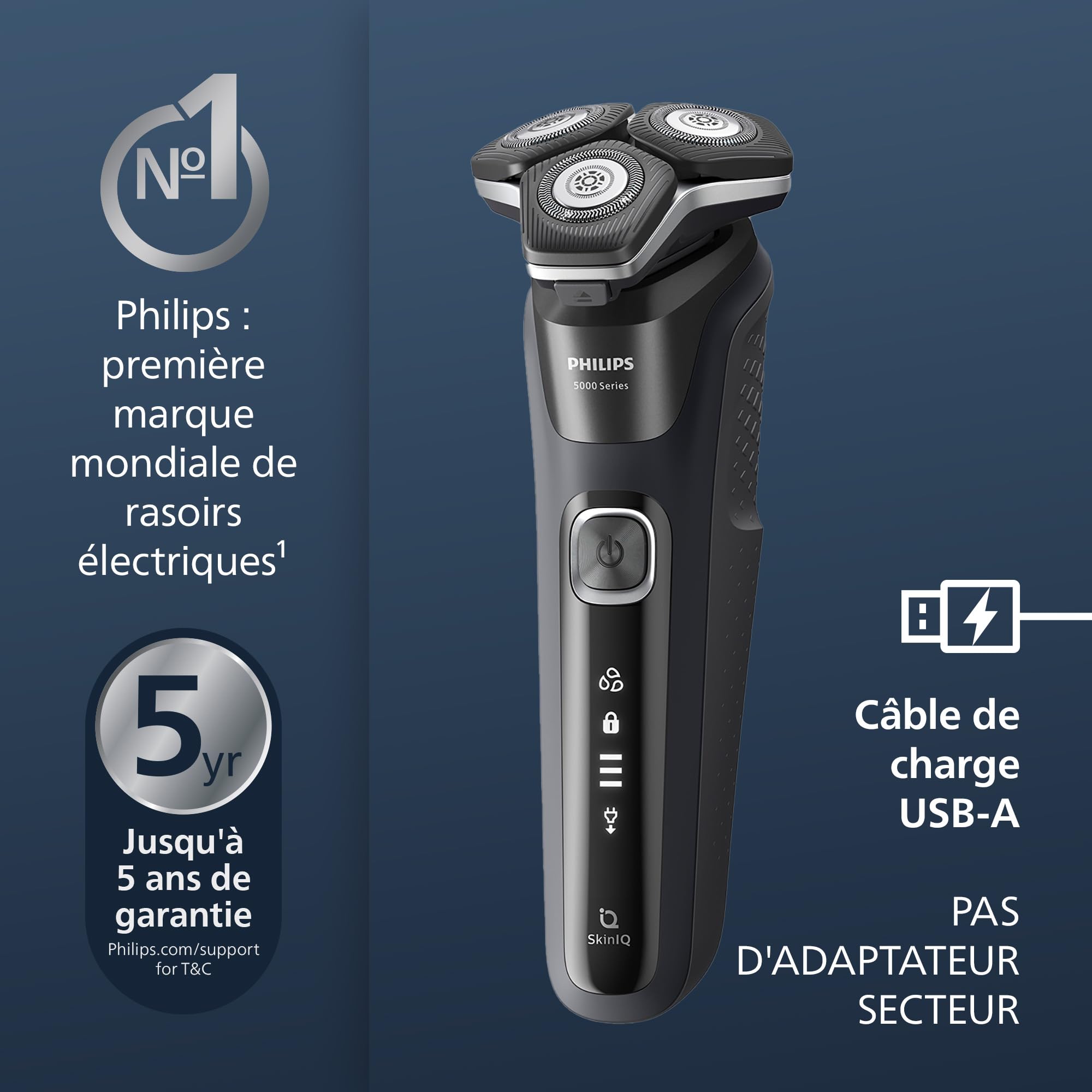 Philips Rasoir électrique Série 5000 pour homme Wet & Dry, avec tondeuse rétractable, station de nettoyage, coffret de voyage et cartouche Quick Clean (modèle S5898/50)