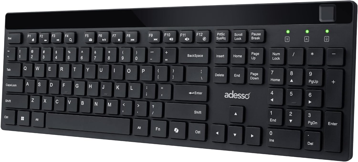 Adesso WKB-1400FB Wireless Keyboard with Built-in Fingerprint Reader, 2.4GHz Full Size 104-Key Low Profile Keyboard, AES 256-Bit Encrypted, Windows Hello Compatible for Windows 10 11