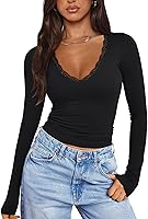 PINKMSTYLE Women's Sexy V-Neck Lace Long Sleeve Shirt - Fitted Double-Lined Y2K Trendy Fall Top