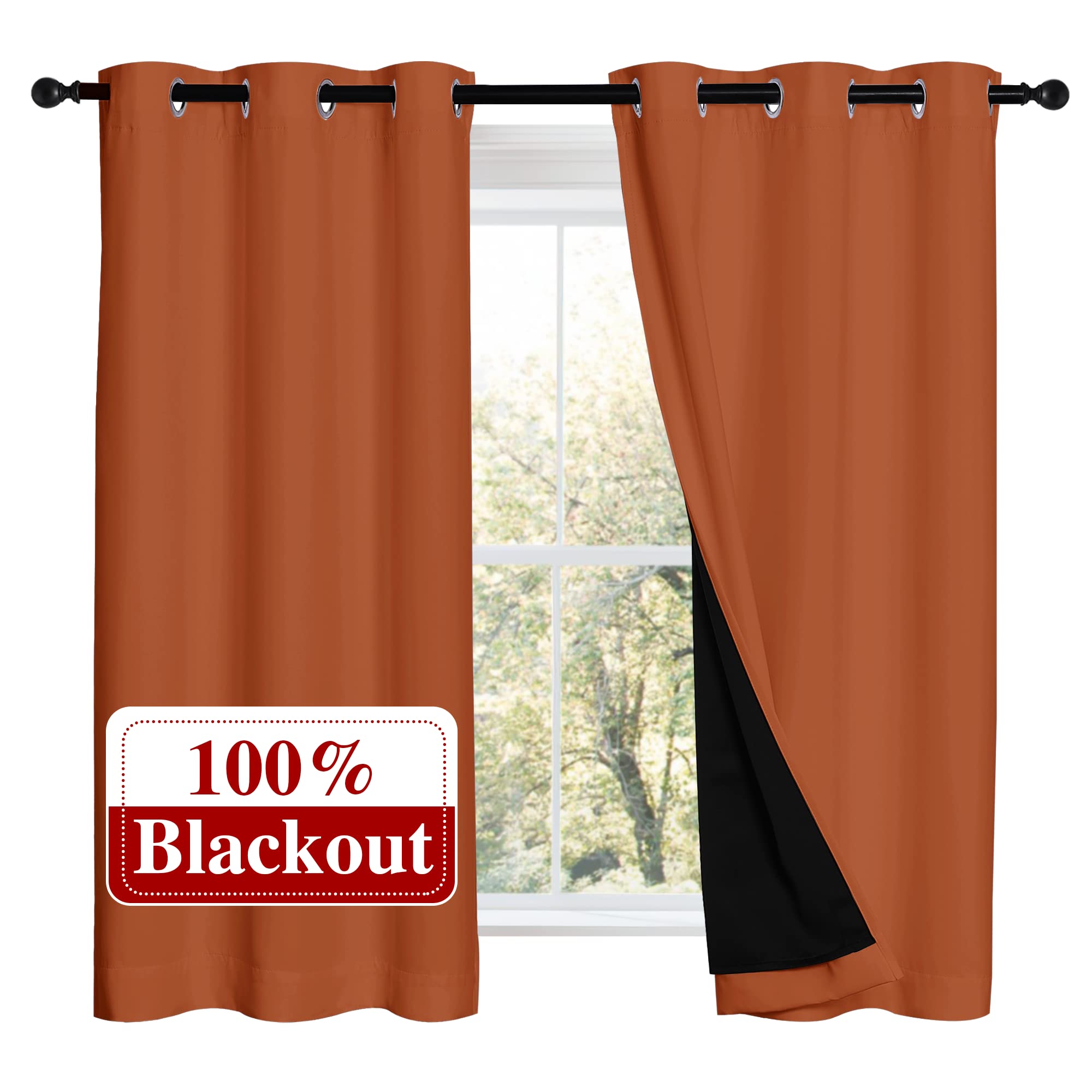 NICETOWN 100% Blackout Curtains 54 inches Long, Double-Deck Completely Blackout Window Treatment Thermal Insulated Lined Drapes for Small Window (Burnt Orange, 1 Pair, 42 inches Width Each Panel)