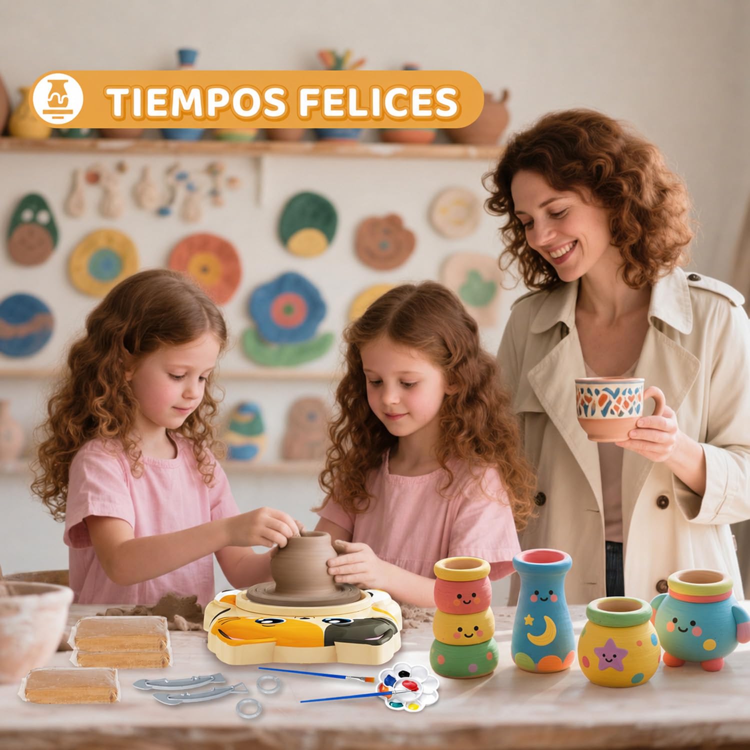 Torno Alfarero para Niños, Set Completo de Torno Ceramica para Principiantes, Kit Manualidades Creativo 6+ Años con 3 x Arcilla de Secado al Aire, Pottery Kit, Regalo para Niños y Niñas (Motivo Gato)