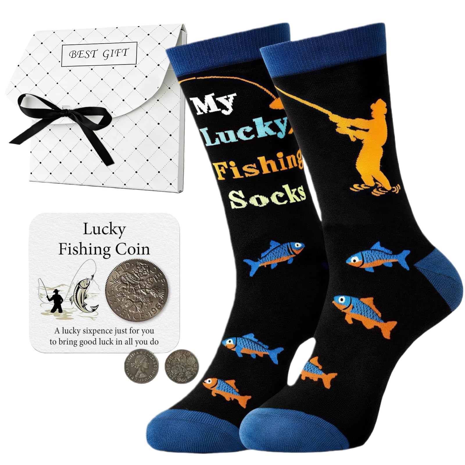 Ysuy Men's Fishing Card+Socks Complete Fishing Gift Set For - Lucky Sixpence Coin & Card, Novelty Fishing Socks, Premium Gift Box | Unique Birthday Present For Fisher, Father's Day For Anglers (Fishing Card+Socks)