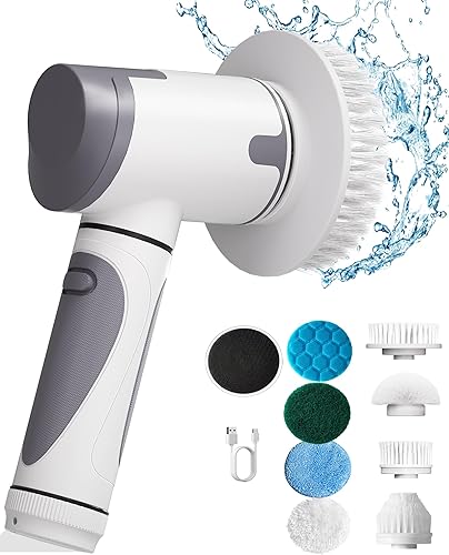 Limpiador eléctrico giratorio, cepillo de ducha inalámbrico de doble velocidad con mango, cepillo de limpieza con IPX7 impermeable, 8 cabezales de