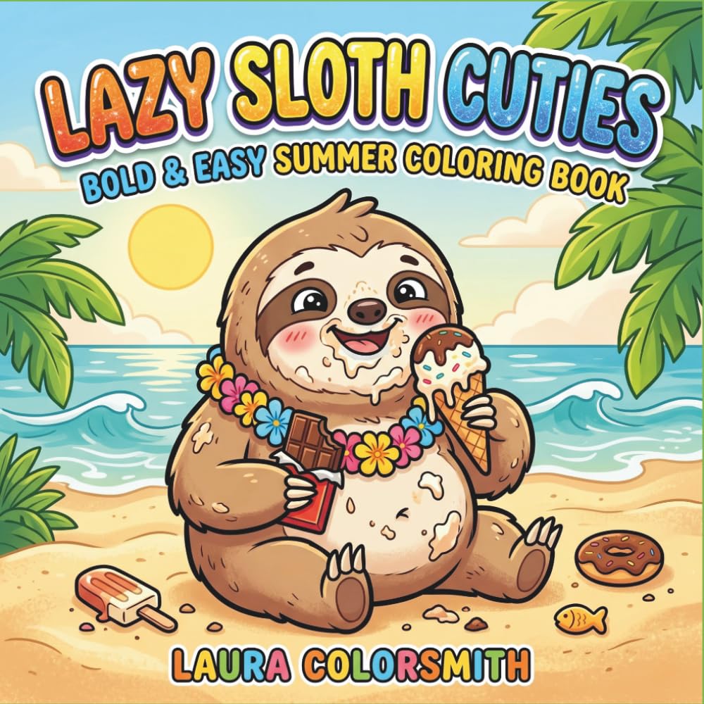 Lazy Sloth Cuties - Bold & Easy Summer Coloring Book: Cute Tropical Vacation Scenes with Slow, Sleepy Sloths Hanging, Lounging, and Having Fun