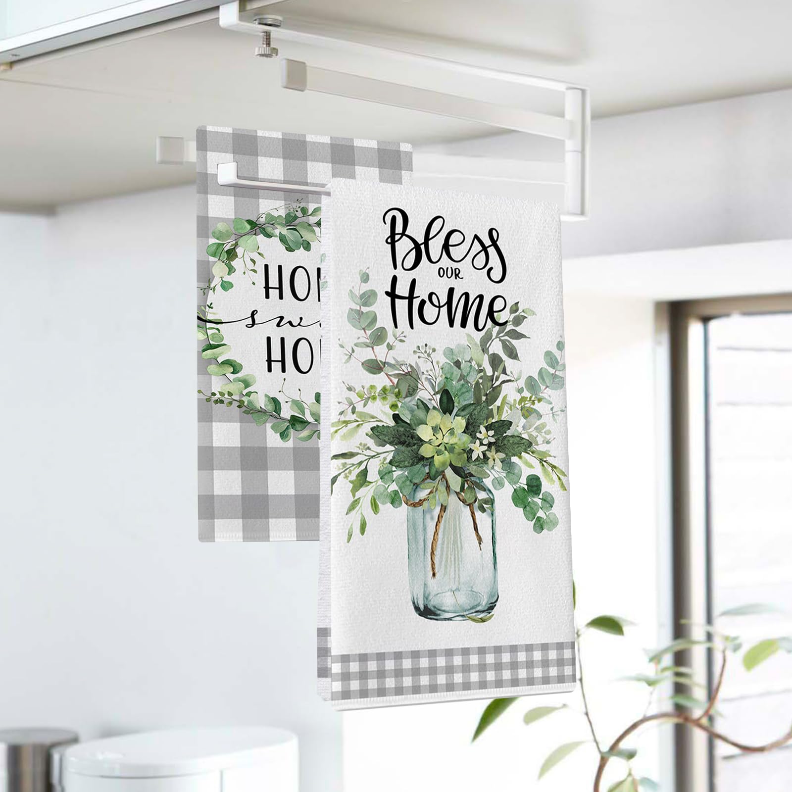 Seliem Sweet Home - Set di 2 strofinacci da cucina con foglie di eucalipto, per asciugare e cucinare, motivo scozzese grigio, decorazione per la casa, 45 x 66 cm