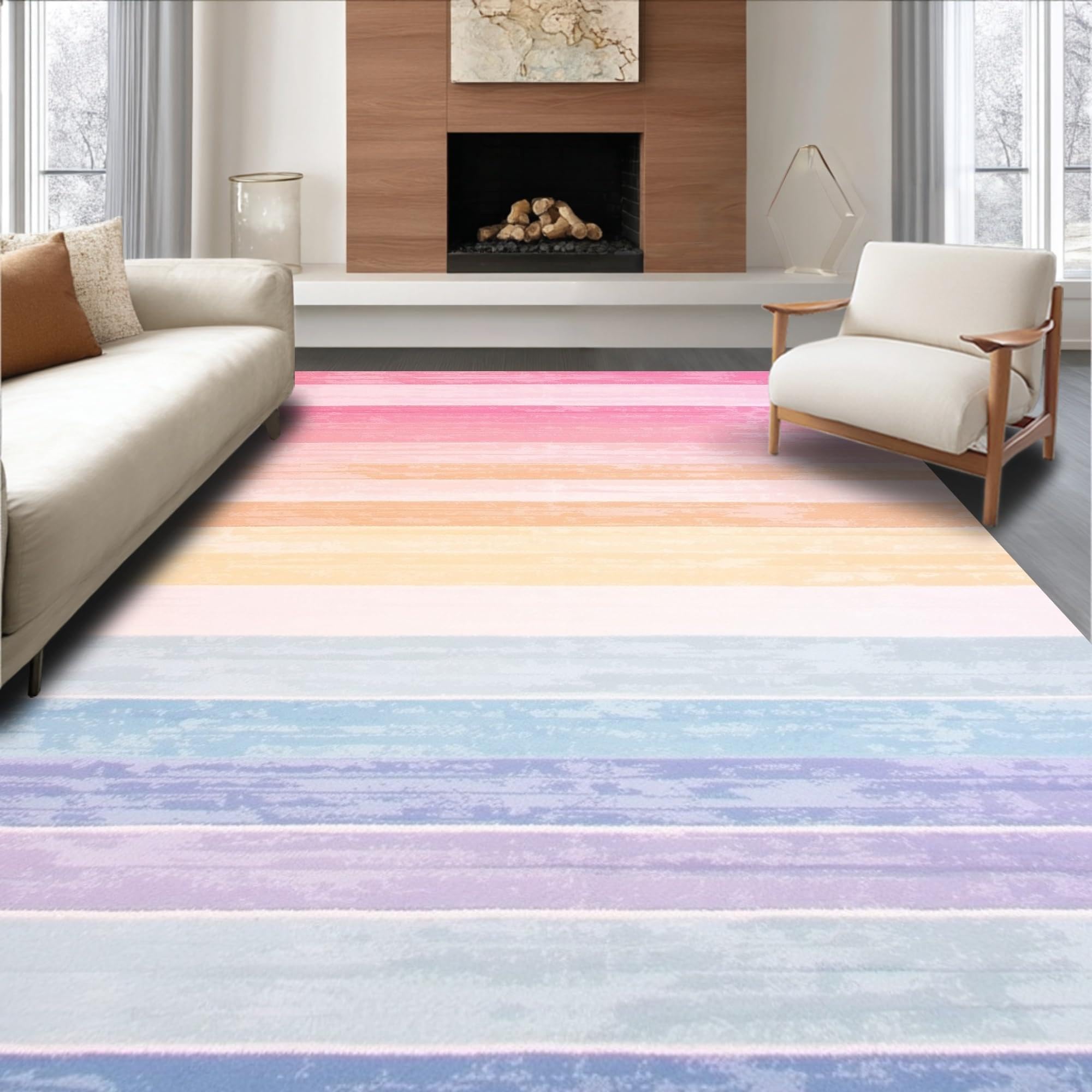 UIYIUI Colorful Striped Kids Rainbow Rug 4×6ft Pink Washable Non Slip Ultra Soft Area Rug for Girls Bedroom, Living Room, Nursery, Playroom, Classroom