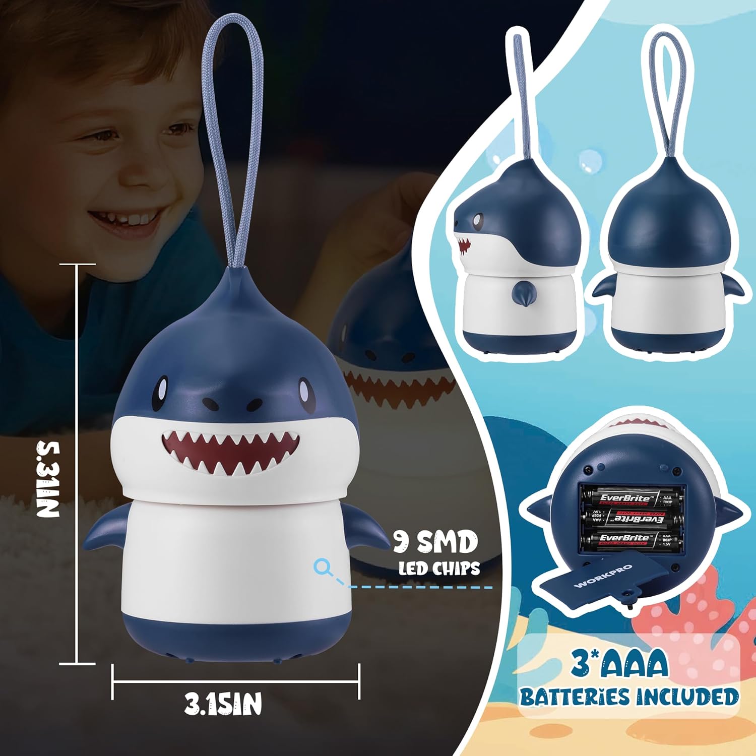 WORKPRO 2-Pack Kids Camping Lanterns with RGB Lights, Battery Powered with Lanyard, Fun Night Light Gifts for Kids - Shark Design - Image 2