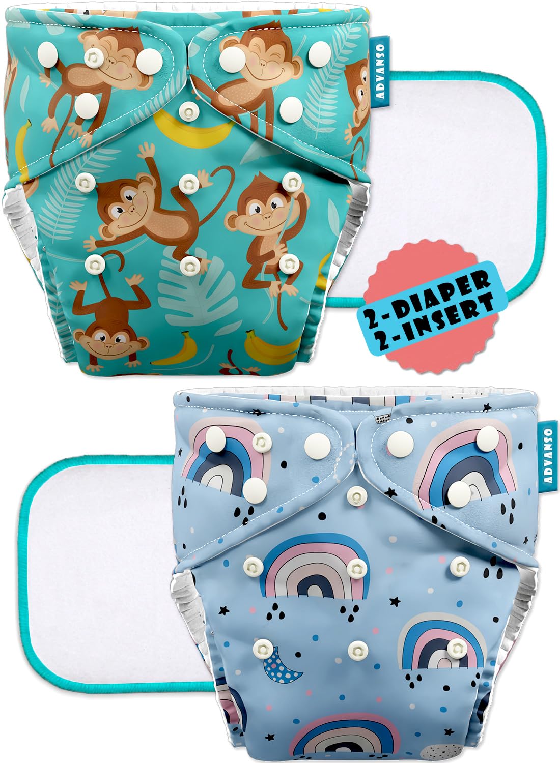 Advanso Leakage Proof cloth diapers for babies 0 to 3 years high absorbent 2 reusable diaper 2 insert pad pack washable diapers free size 5-18kg adjustable pocket cover liners [23]