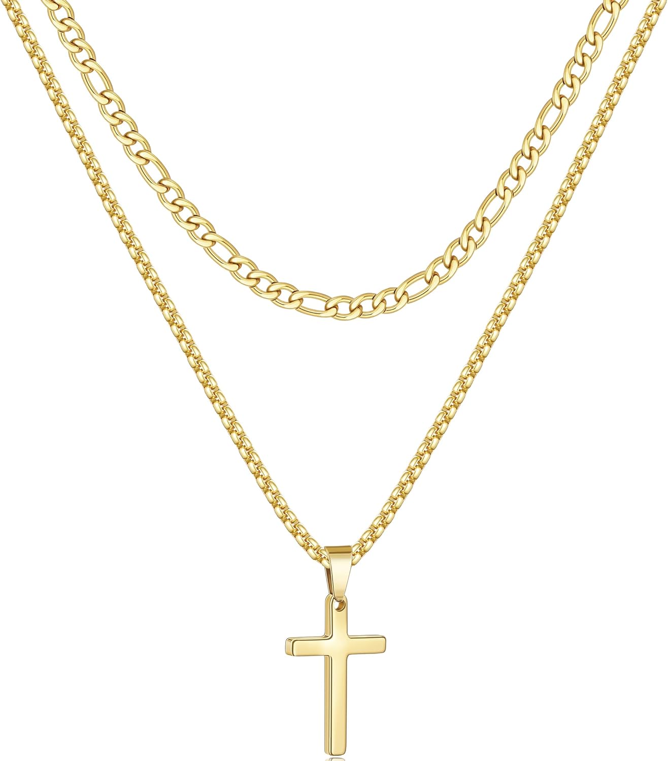 Fiusem 2 Pcs Cross Necklace Chain for Men and Women, Stainless Steel Layered Mens Cross Necklaces with Pendant, Figaro and Box Chain 16-24 Inch