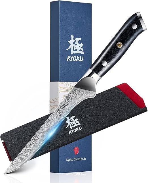 KYOKU Gin Series Boning Knife, 7" Butcher Knife, Japanese VG10 Damascus Stainless Steel Kitchen Knife with Silver Ion Blade G10 Handle Mosaic Pin, Multipurpose Fillet Knife for Meat Fish & More