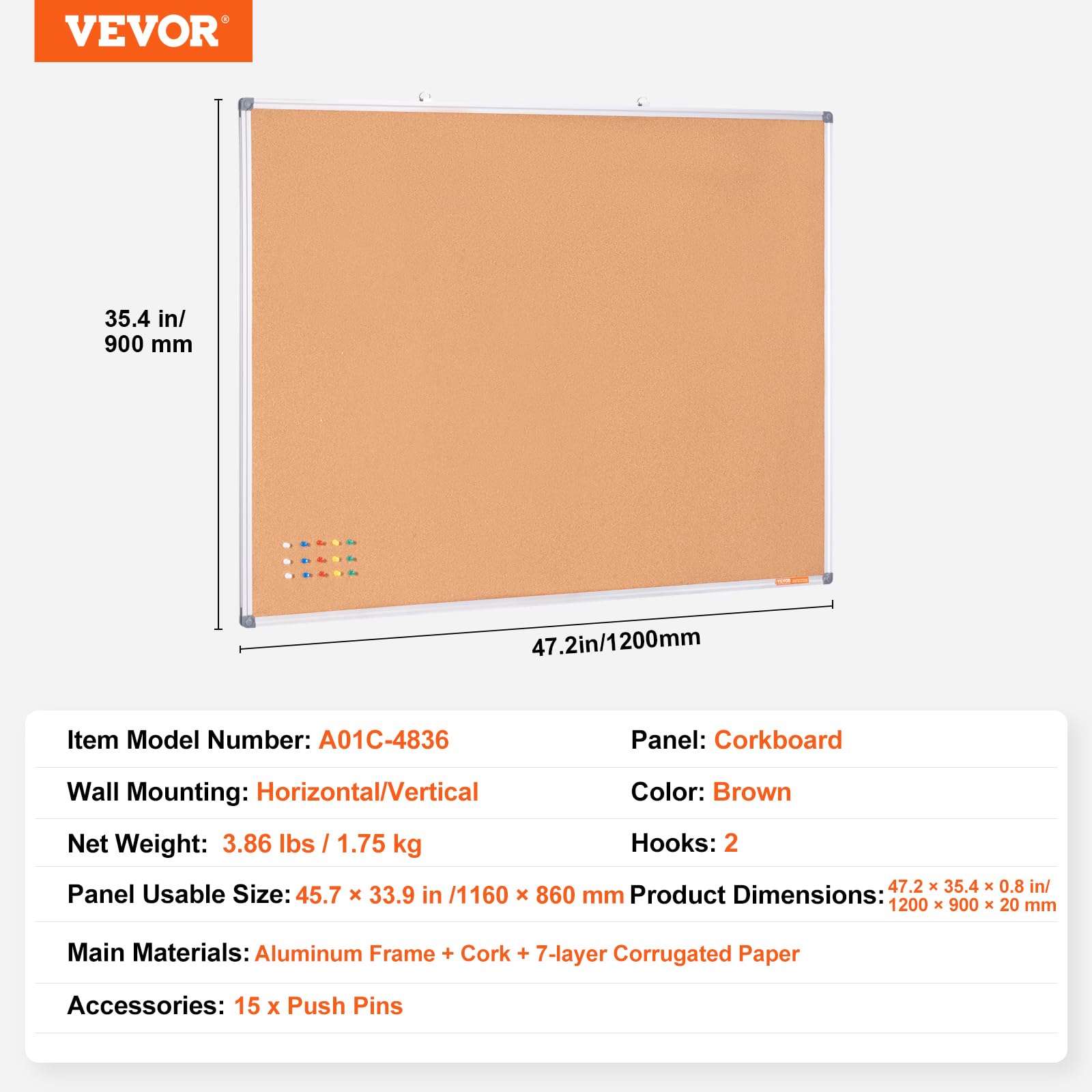 VEVOR Tablero de Corcho Grande 120 x 90 cm Tablón de Anuncios Montado en la Pared con Tablón de Anuncios Marco de Aluminio Tablero de Corcho Perfecto para Escuela, Hogar, Oficina