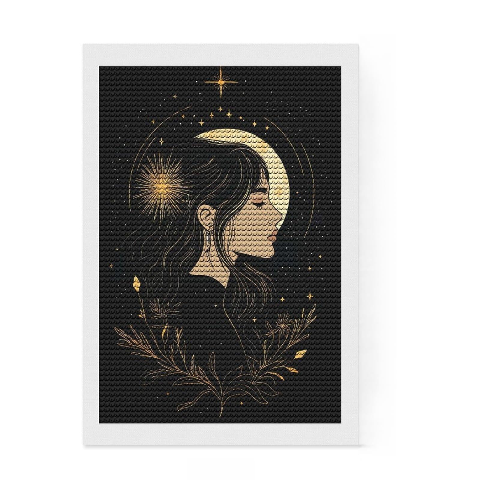 Junmoney Celestial Woman Portrait Moon Stars Diamond Painting Kit 8"x12", Stress Relief Craft, Neat Printed Canvas, Boho Decor, Festive Craft Gift