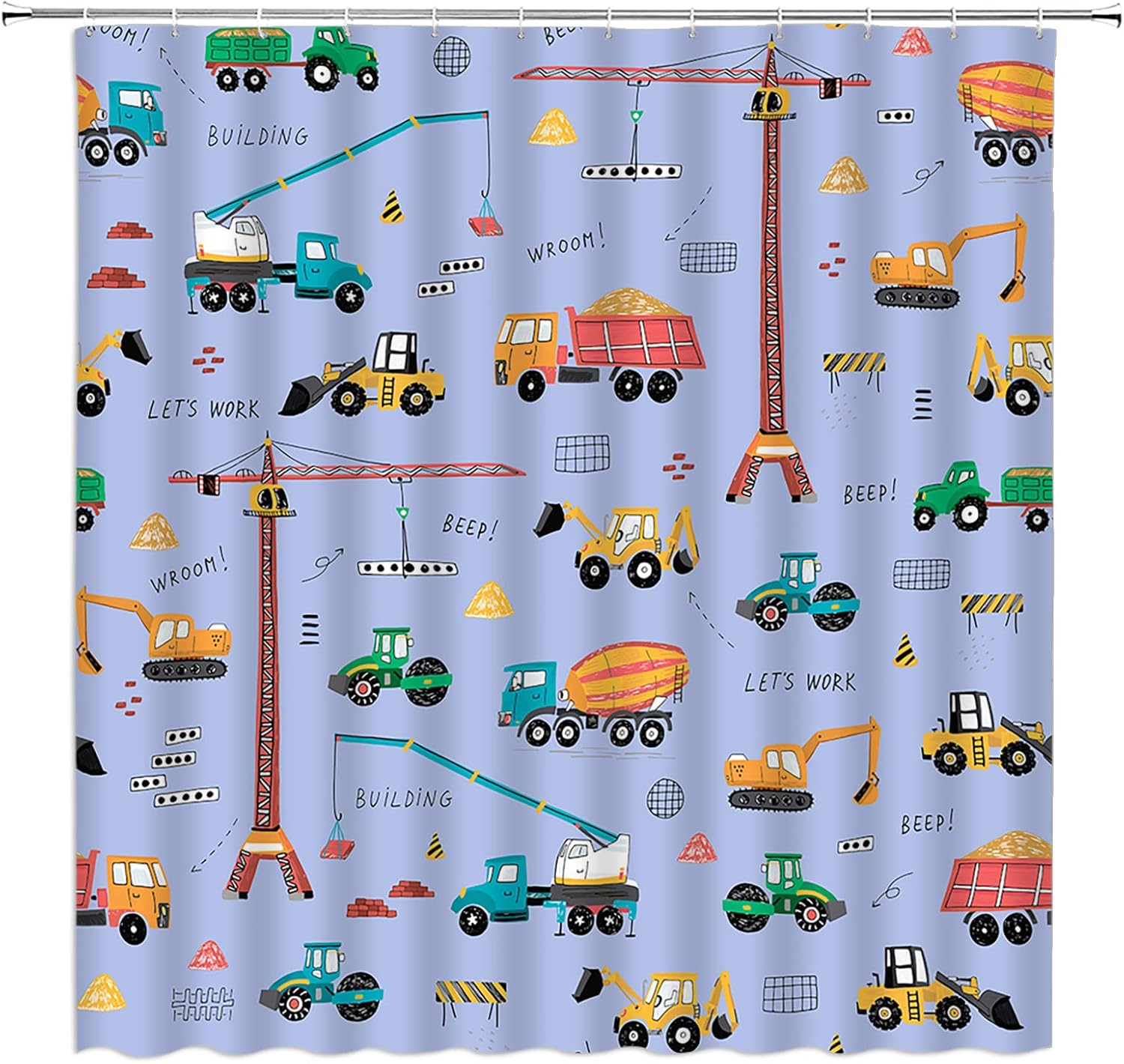 Construction Truck Shower Curtain Cartoon Excavator Vehicle Tractor Cars for Boys Machinery Cars for Boys Kids Machinery Navy Blue Fabric Bathroom Curtains Decor Set with Hook(70" Wx74.8 H)