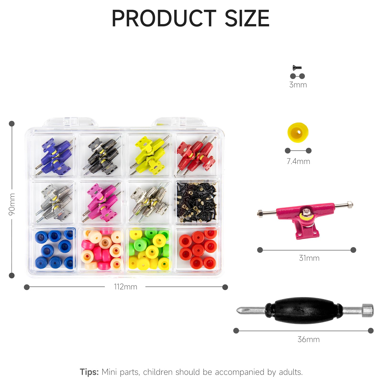 DisplayMore 14PCS Multicolour Trucks & 48PCS Wheels & 60PCS Screws & 30PCS Nuts & 4PCS Spanner Tool for 96mm Fingerboard Skateboard Wooden Deck Parts Kit Tool Case