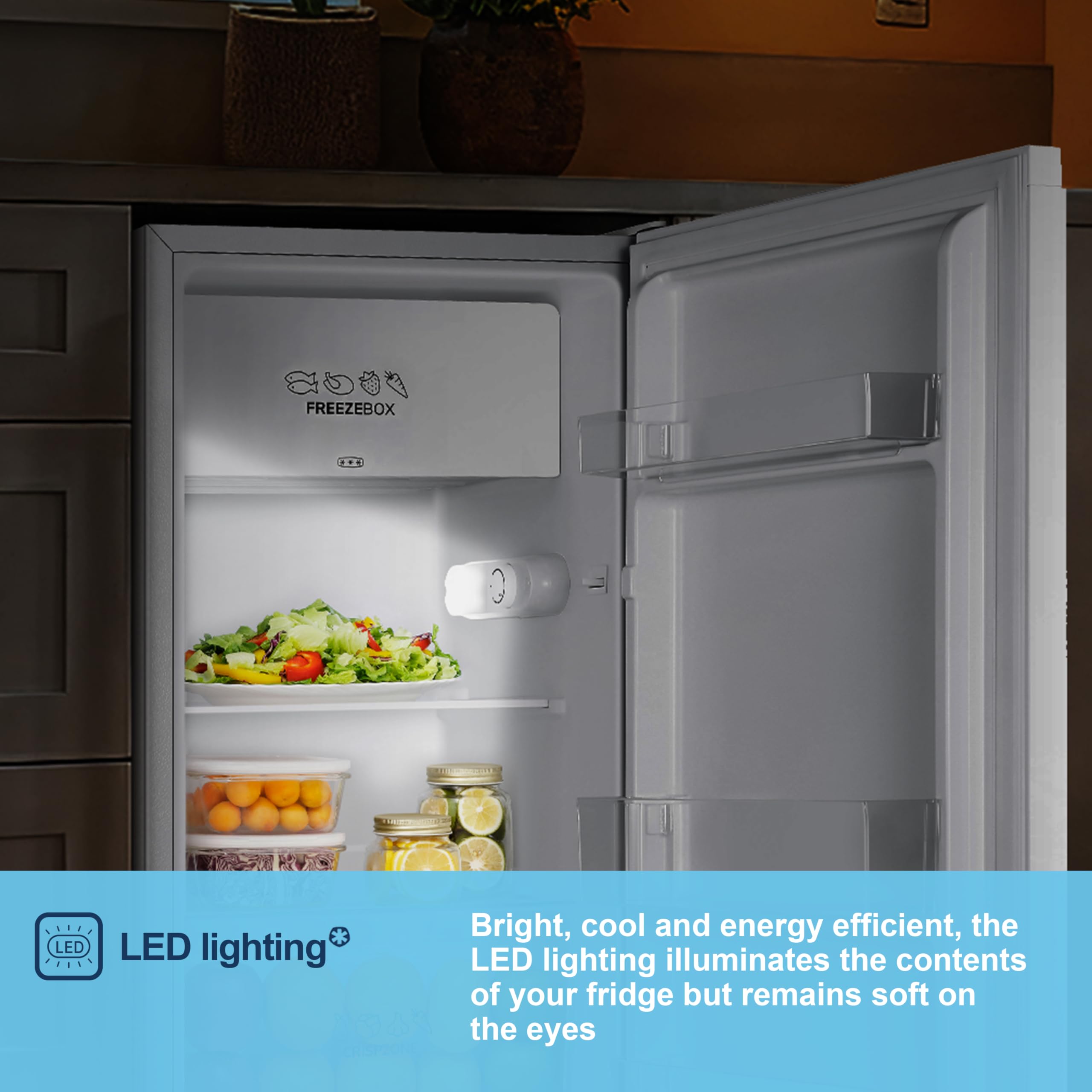 Fridgemaster MUR4894E 82L Under Counter Fridge with LED Lighting, Adjustable Temperature Control, Reversible Door and 3 star Ice Box, White, E rated — view 8