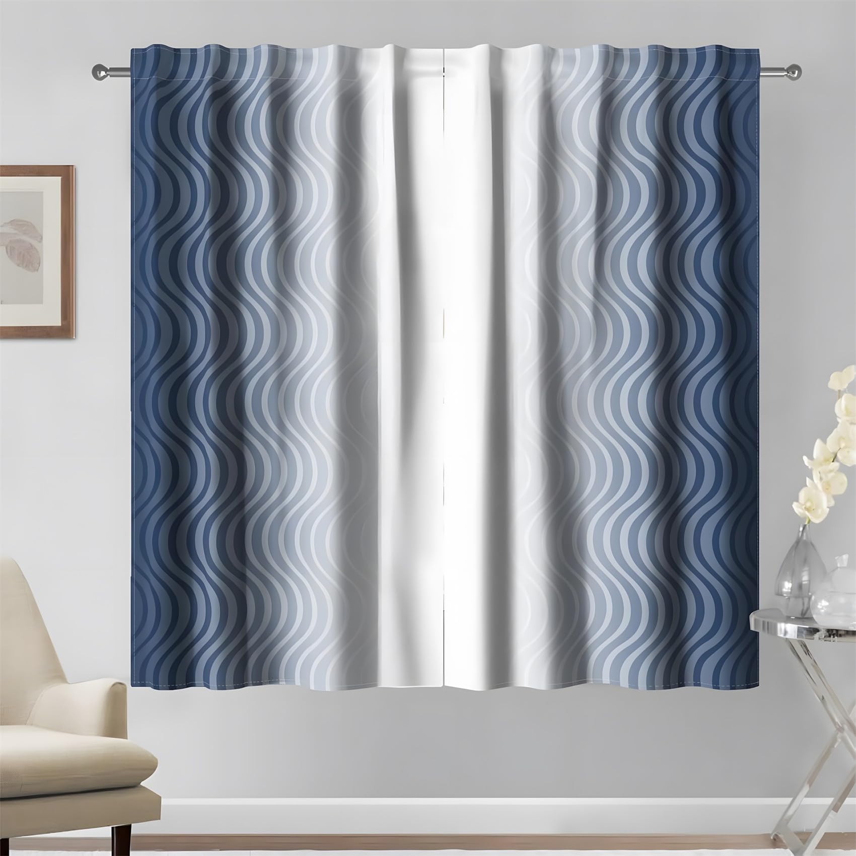 KaiHeBeding Blue Gradient Waves Blackout Curtains for Bedroom - Modern Simplicity Living Room Curtains 66x90 Eyelet - Soft Thermal Insulated Patterned Drapes for Windows - 2 Panels