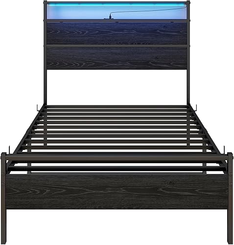 Miniatura 9 de BOFENG Base de cama individual con cabecera de madera y estación de carga USBluces LED, marco de cama de plataforma individual de metal, tamaño