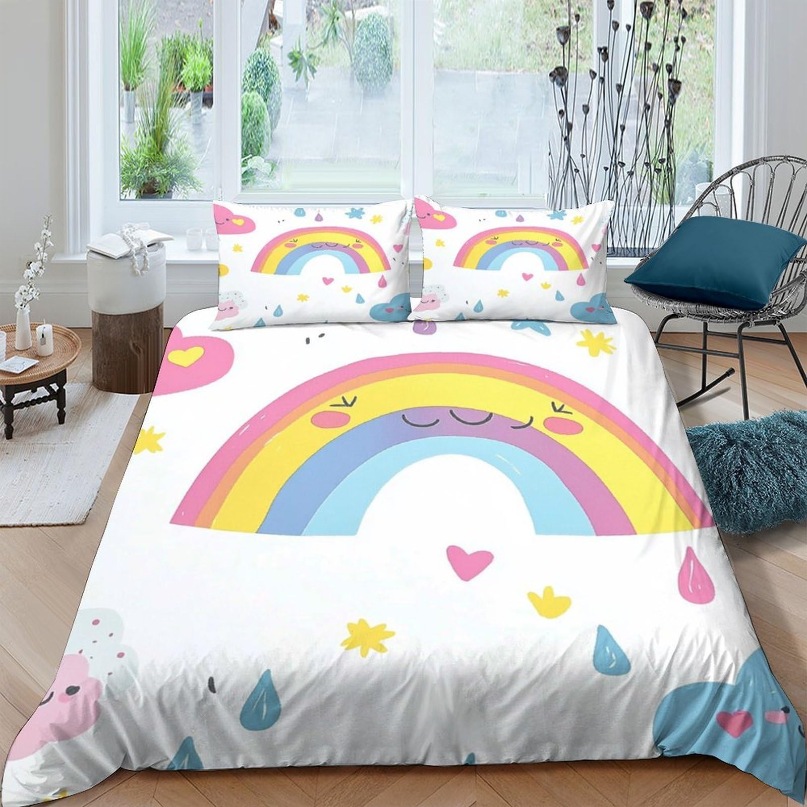 Ctjqhvkz Style-8 3D Printed Rainbow Cloud Fitted Sheet Microfiber Soft Anti-Slip Heart Star Bed Cover For Bedroom Guest Room Decor Single（135X200cm）
