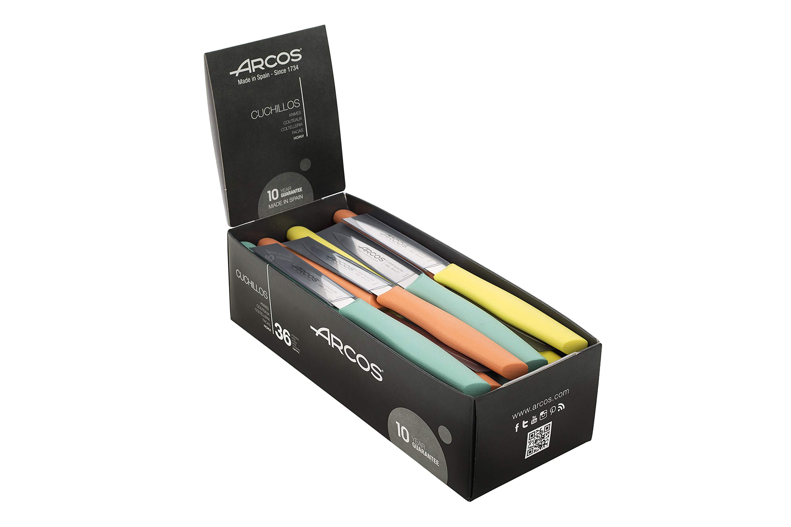 Arcos Serie Nova -Set 36 pezzi Coltello Sbucciare - Lama Acciaio Inossidabile NITRUM 85 mm - Manico in polipropilene in 3 colori