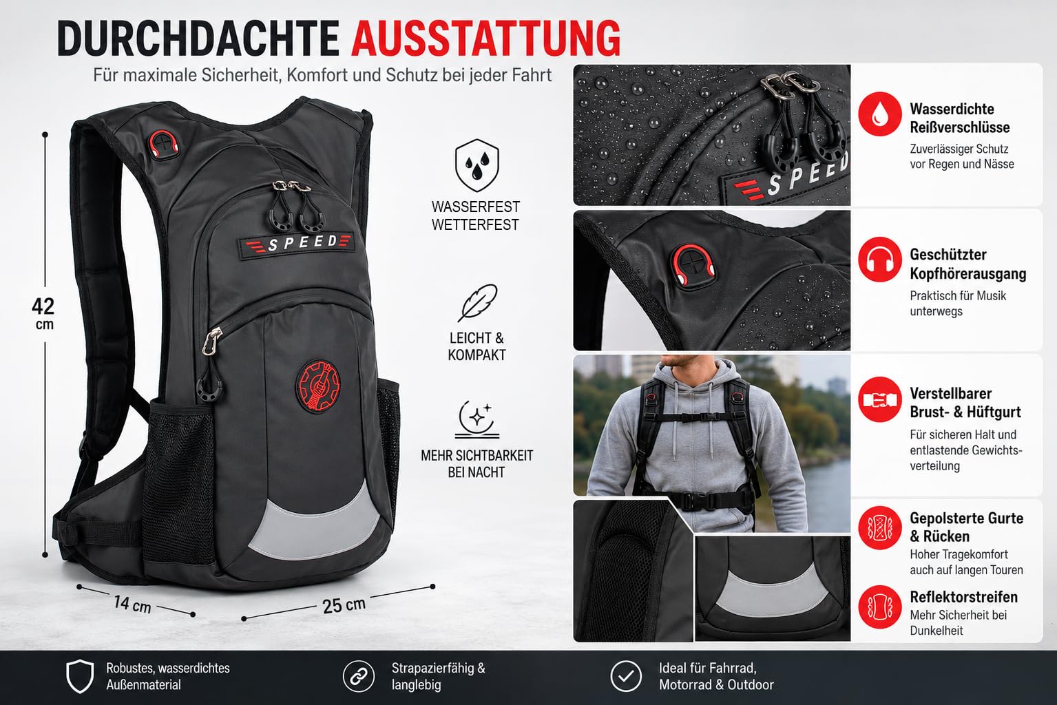 BAG STREET Wasserfester Motorradrucksack & Fahrradrucksack – Ergonomischer Biker Rucksack mit Brustgurt & Hüftgurt, Schwarz