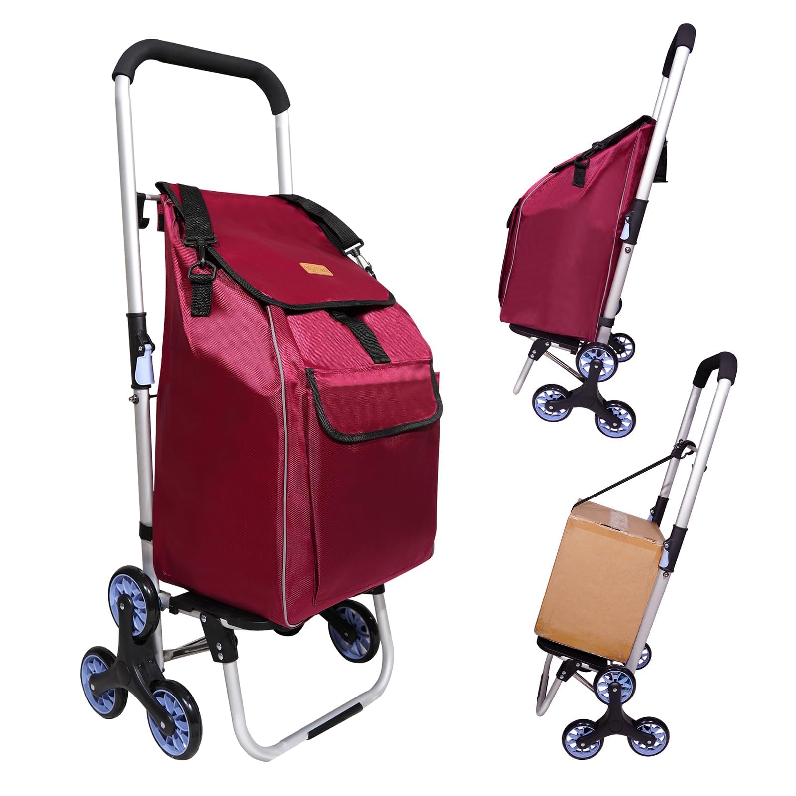 ABIUBIU Einkaufstrolley, Trolley, klappbar, Einkaufstasche mit Rollen, Tasche abnehmbar, Einkaufstrolley Treppensteiger (burgunderrot01, XXL)