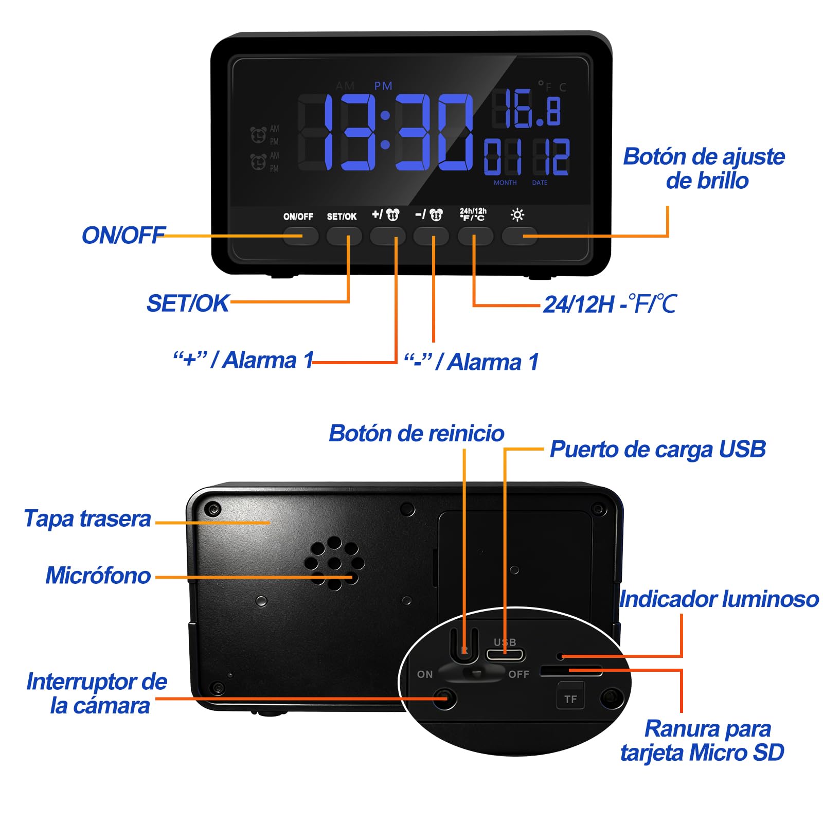 Camara Espia Oculta WiFi Interior, 1080P, Visión Nocturna | Doble banda 2.4/5GHz, gran angular 120°, detección movimiento, despertador 2 en 1, brillo 5 niveles, microSD 128GB, invisible