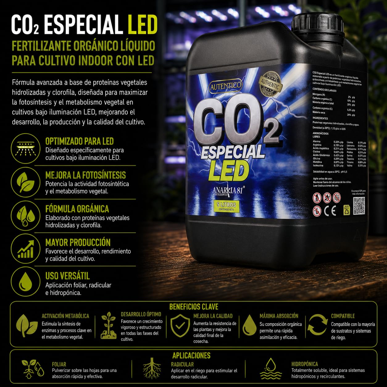 CO2 Especial LED 5 L – Fertilizante Orgánico Líquido para Cultivo Indoor con Iluminación LED - Anarkia81