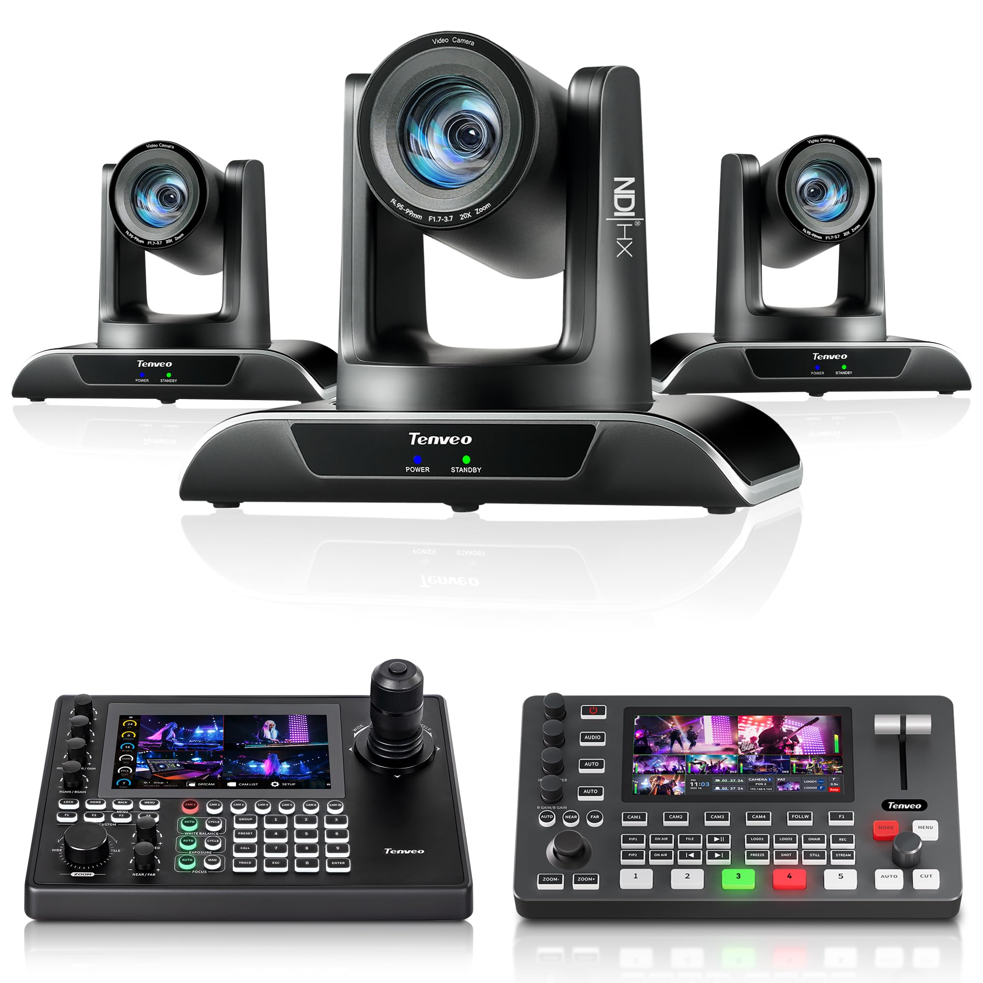 Tenveo Kit Telecamere PTZ e Controller, 3 Telecamere PTZ NDI AI Tracking 20X (HDMI/USB3.0/LAN PoE), Controller Joystick 4D con Schermo Touchscreen 7" Quad-View e Switcher Video per Live Streaming