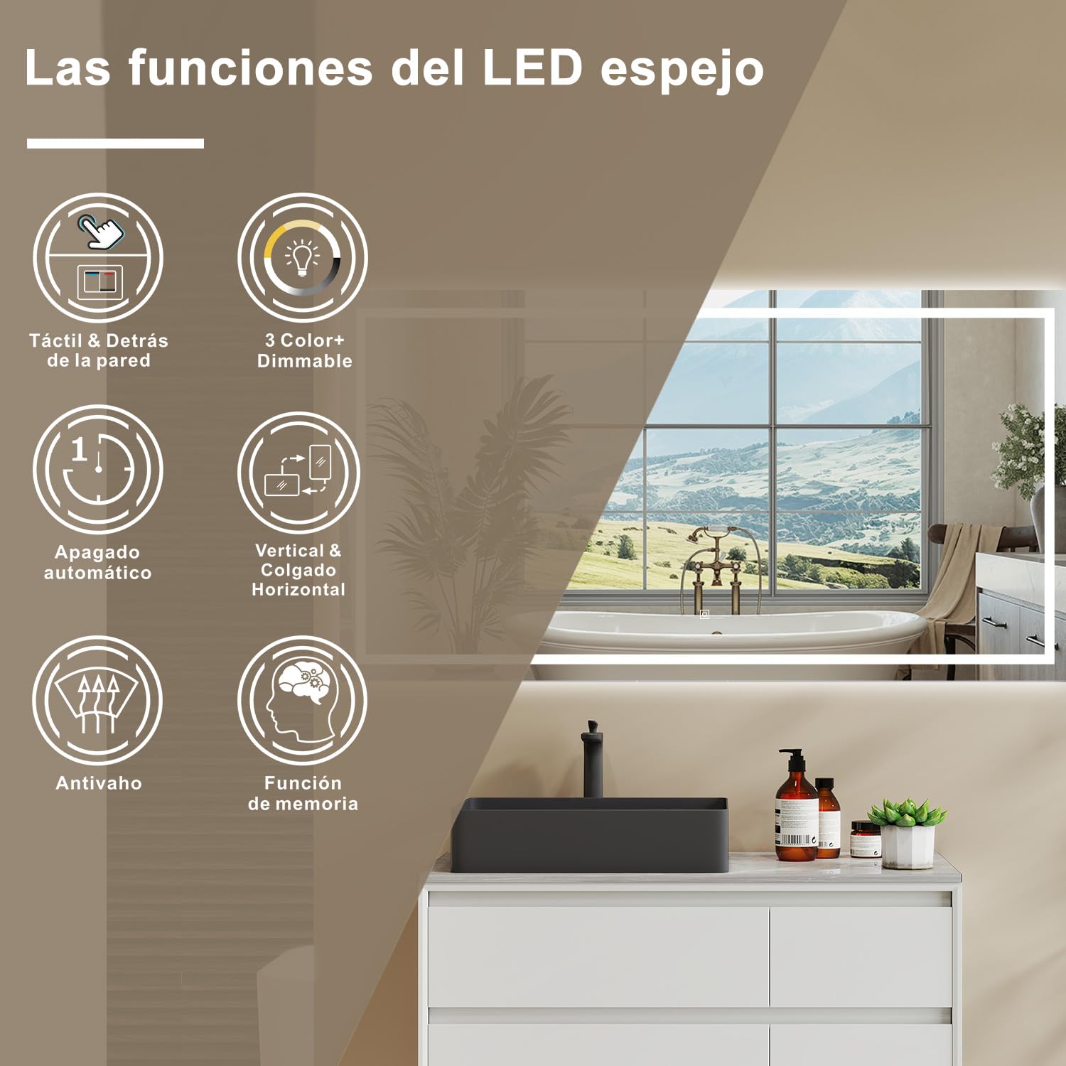 Aica Sanitaer Espejo de baño con led,120 x 70 cm, luz led con Tres Colores,con función antivaho, Memoria agapada y Brillo Ajustable