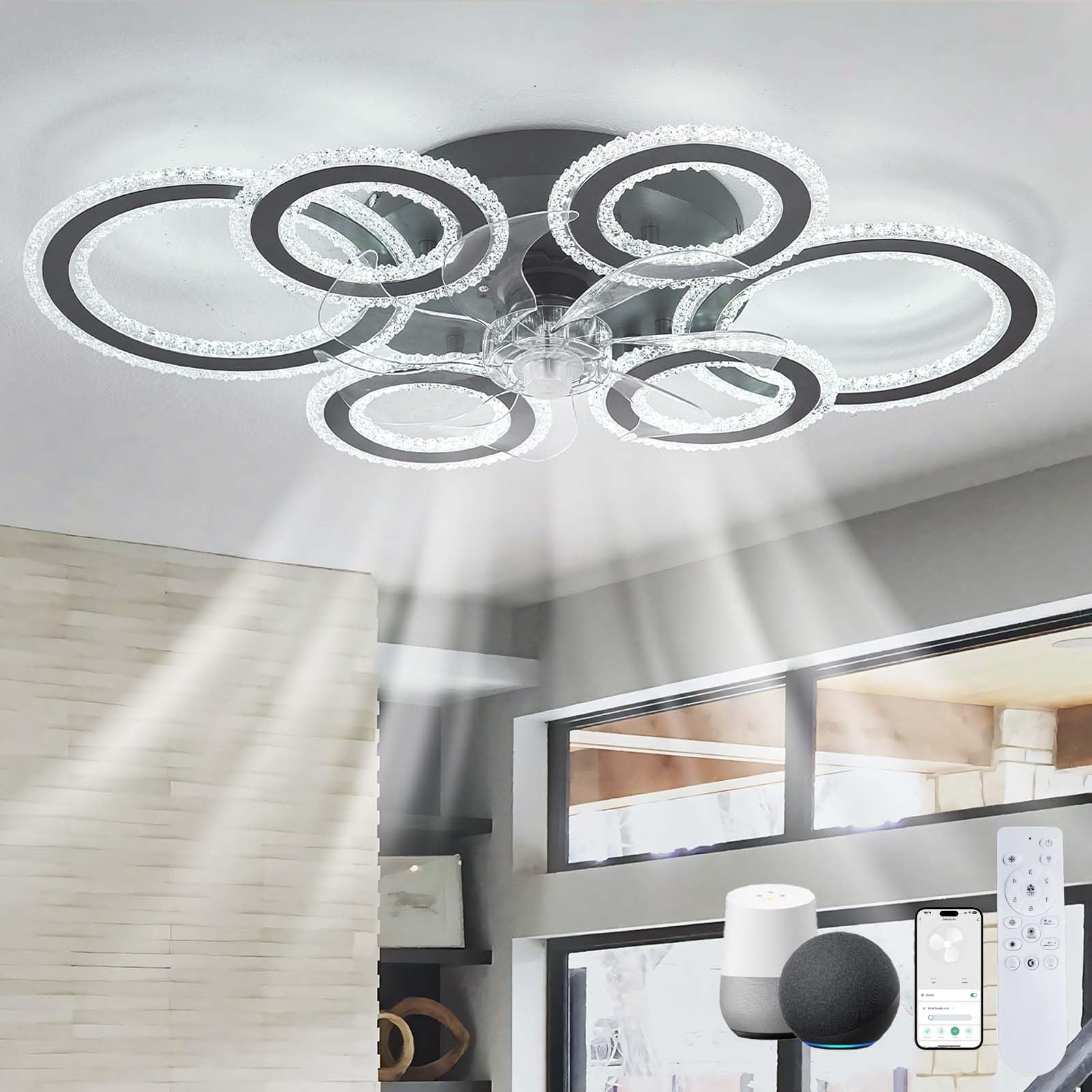 Alexa Ventiladores de Techo Inteligentes con Luces Luz de Techo LED Regulable Reversible con Ventilador y Control Remoto Luz de Ventilador DC Silenciosa 6 Velocidades Dormitorio Interior Grande Modern
