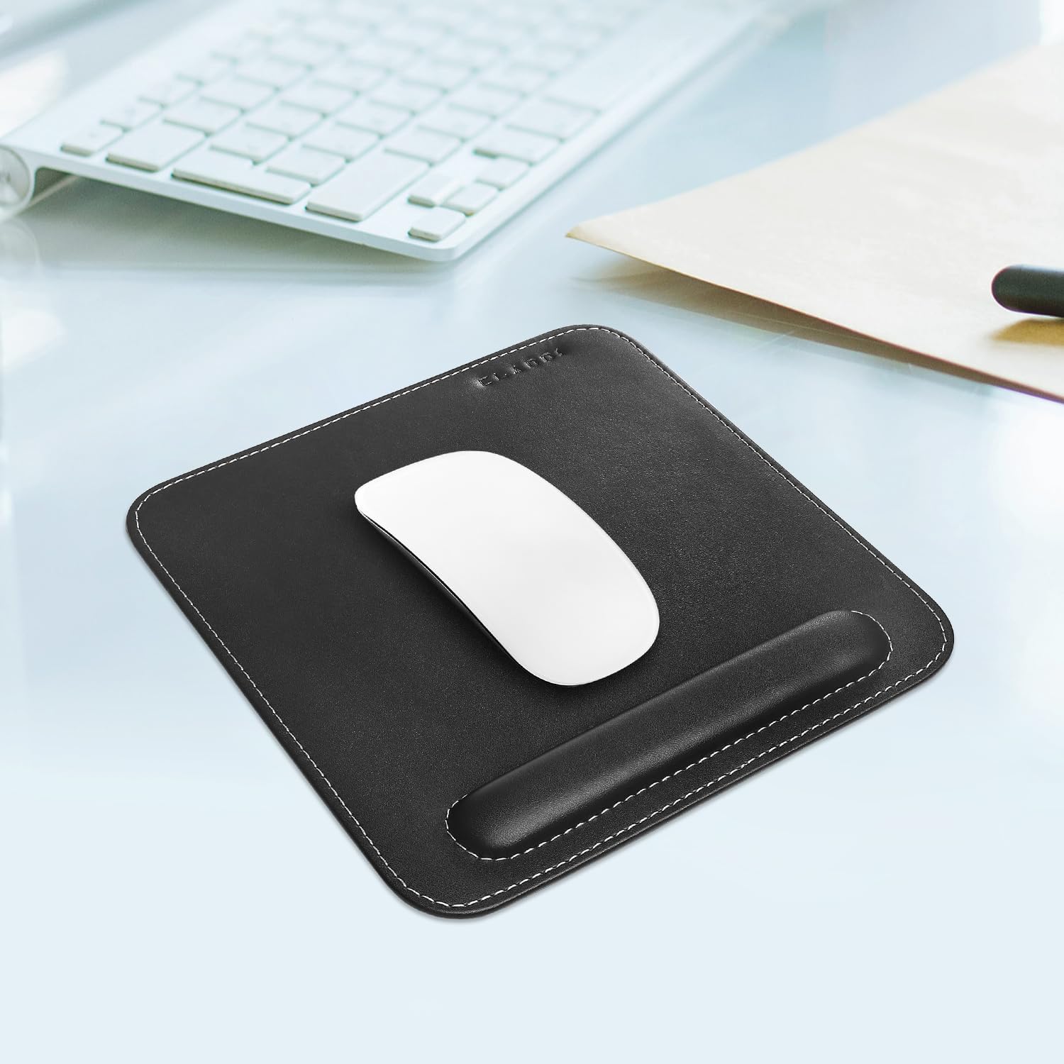 Vegan Leather Mouse Pad Wrist Rest Ergonomic Mousepad Stitched Edge | Cushion Foam Support & Pain Relief | Suitable for Gaming Computer Laptop Home & Office Non-Slip Hard Black