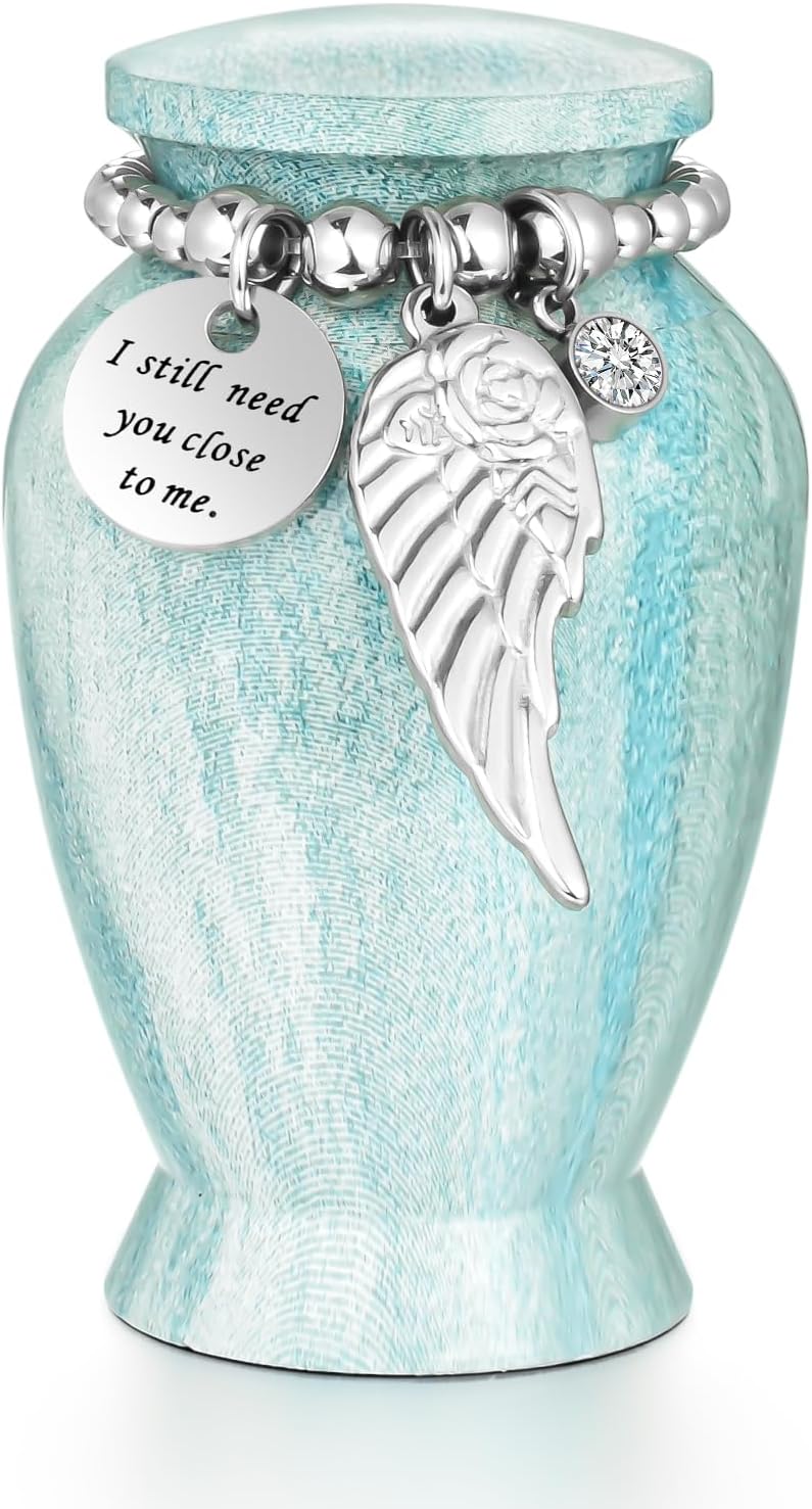 Dletay Small Urns for Human Ashes Keepsake 2.85 Inch Memorial Mini Cremation Urn for Women Men Aluminum Decorative Funeral Urns-Lake Green