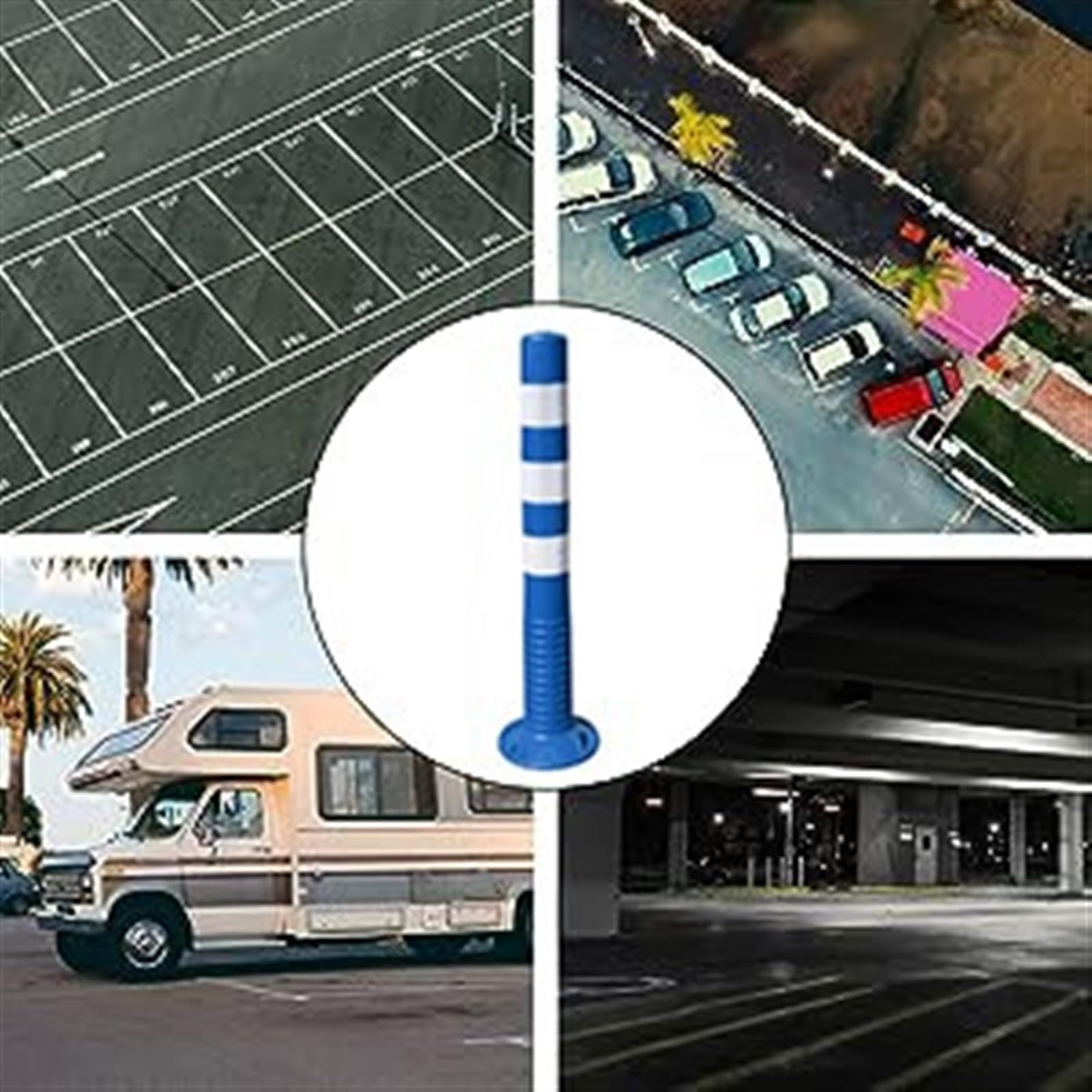 Bolardos de seguridad flexibles azules, postes delimitadores de calles, conos de seguridad, postes de barrera para estacionamientos en aceras y áreas sensibles al tráfico en garajes.