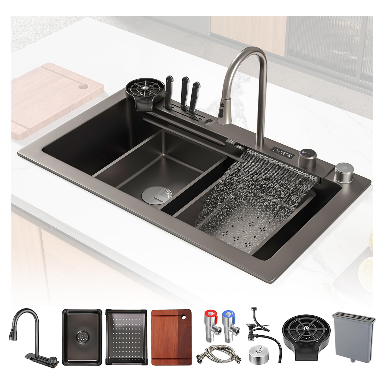 Évier en cascade de 85 cm pour simplifier la préparation des repas en famille