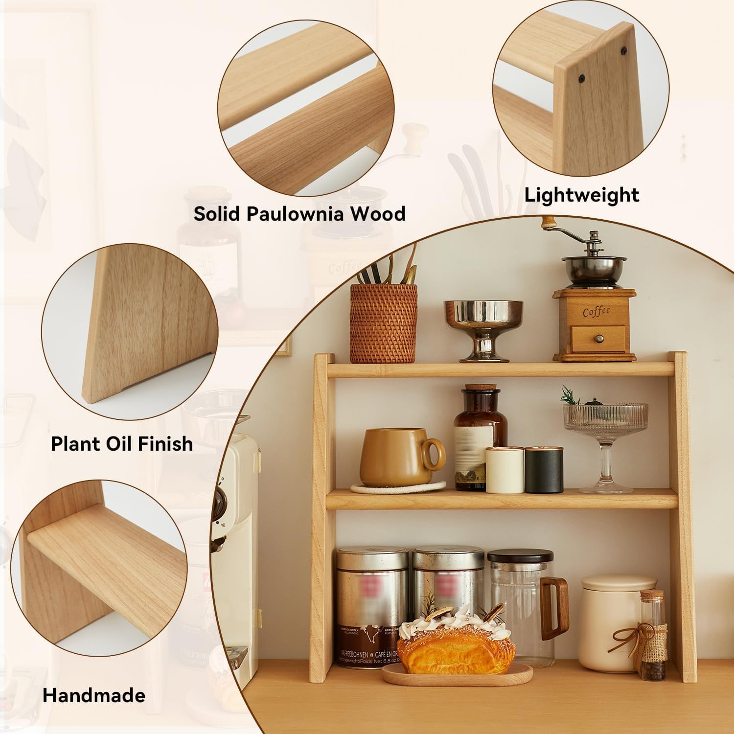 Kaffeestation Organizer, Holz Arbeitsplatte Regal für Tee Kaffee Bar Zubehör, Küche Lagerregal für Tassen, Pods und Gewürze, Kleiner Matcha-Ständer für Zuhause oder Büro