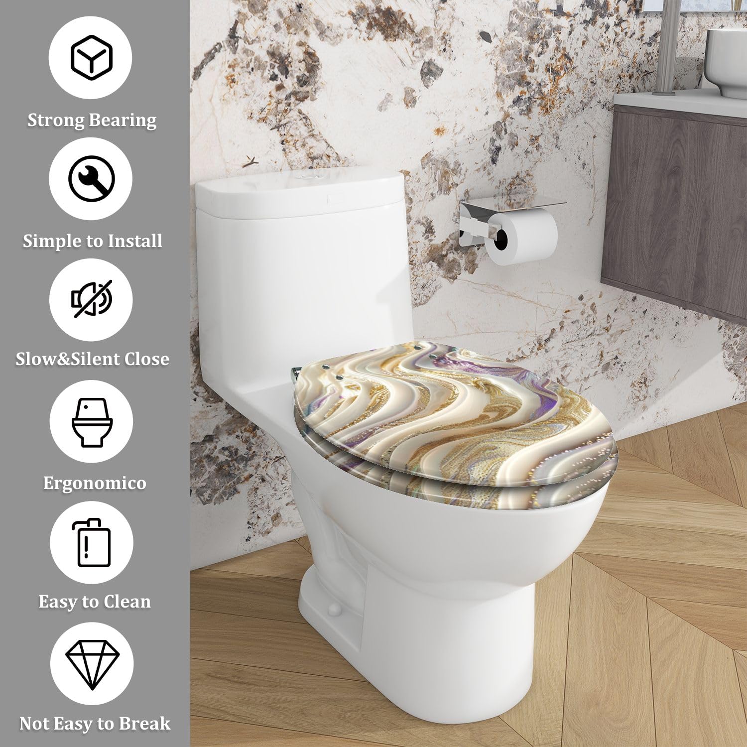 Asiento de inodoro decorativo alargado de resina, bisagras de liberación rápida, cierre suave, fácil instalación, vetas de mármol morado y dorado.