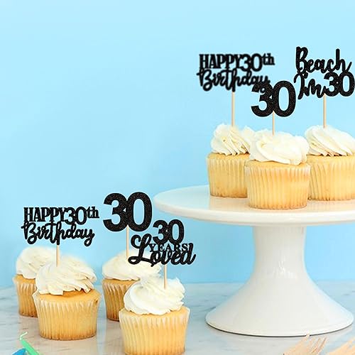 Miniatura 3 de Ercadio Paquete de 24 adornos para cupcakes de 30 años con purpurina negra para cupcakes de 30 años para 30 cumpleaños, aniversario, fiesta,