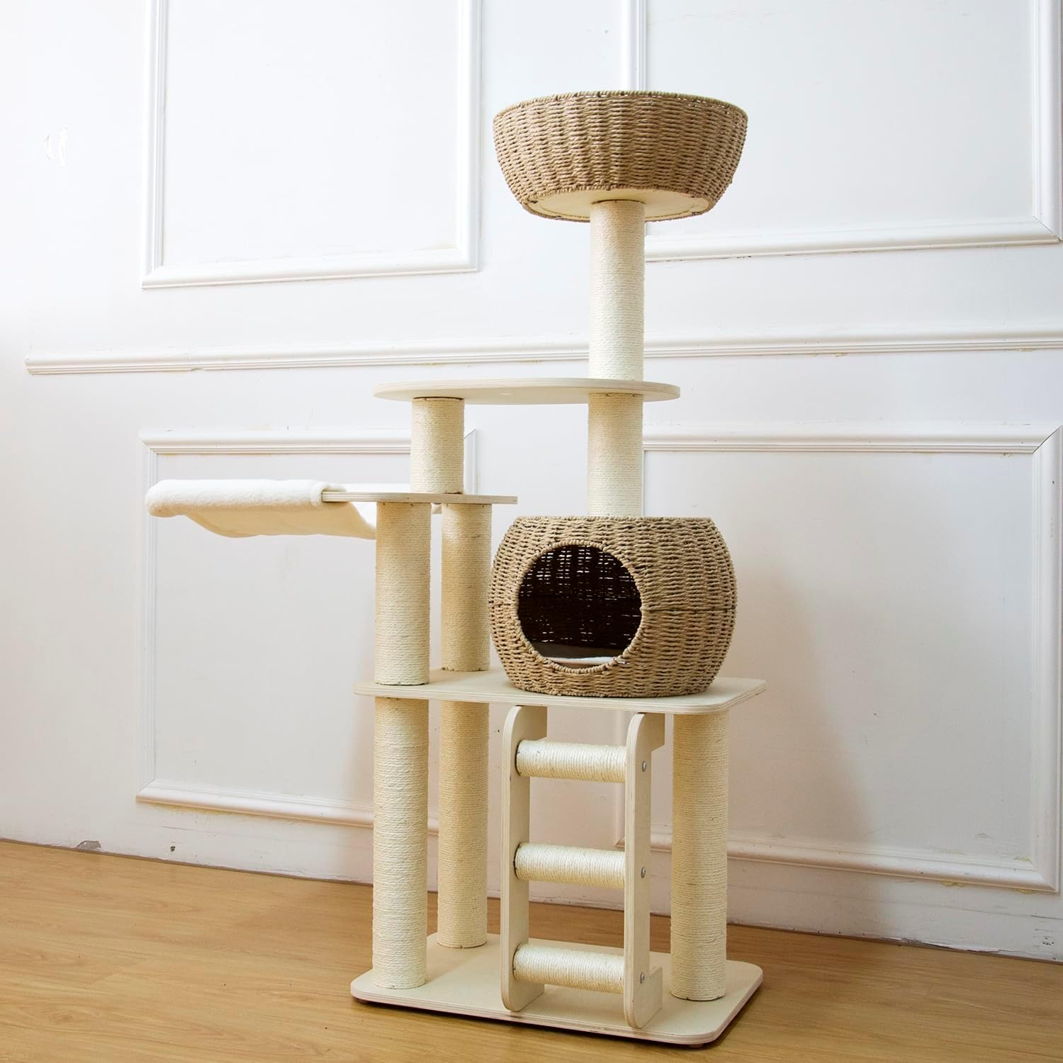54 Inch Cat Tree for Indoor Cats, Tall Wooden Cat Tower with Scratching Posts, Rattan Condo and Perch, Multi-Level Cat Climber, Stylish Pet Furniture