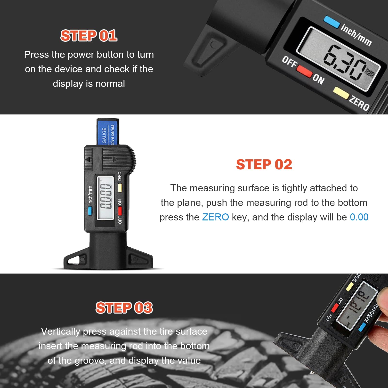 Tyre Tread Depth Gauge,Blue 0-25.4mm/0-1Inch Digital Tyre Tread Depth Checker Tire Thread Depth Measuring Gauge Tyre Depth Measuring Tool With Lcd Screen For Trucks Cars Vans Motosblue