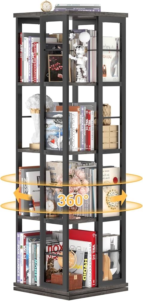 Aheaplus Rotating Bookshelf, Corner Bookshelf, 360 Display Wood Spinning Bookshelf, Floor Standing Bookcase Narrow Shelf Revolving Organizer Storage Rack for Small Space, Bedroom, Study Room, Grey Oak