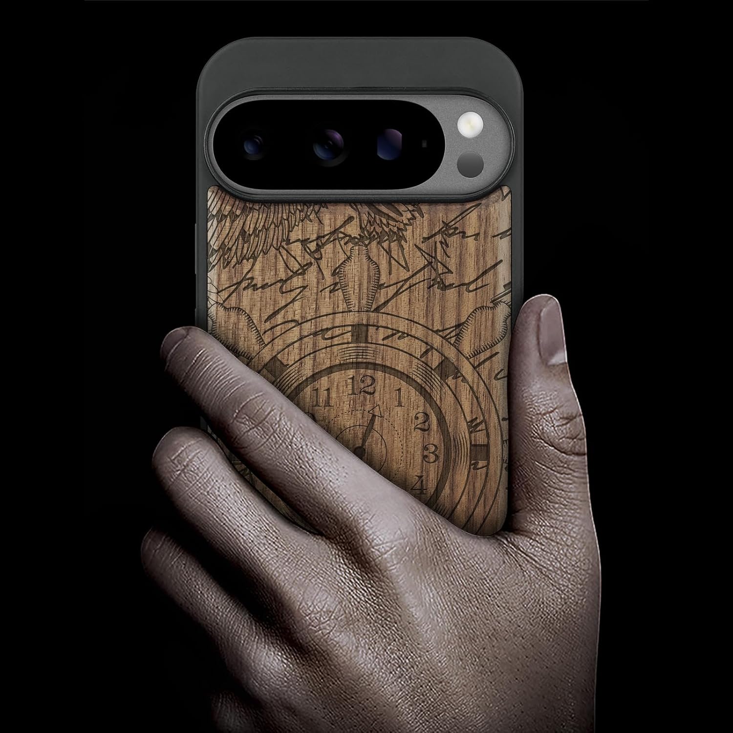 Carveit Magnetic Wooden Case for Google Pixel 10 Pro XL Case, Wood Artisan Engraved & Soft TPU Shockproof Cover, Compatible with MagSafe Wireless Chargers (Nautical Time Voyage) Walnut